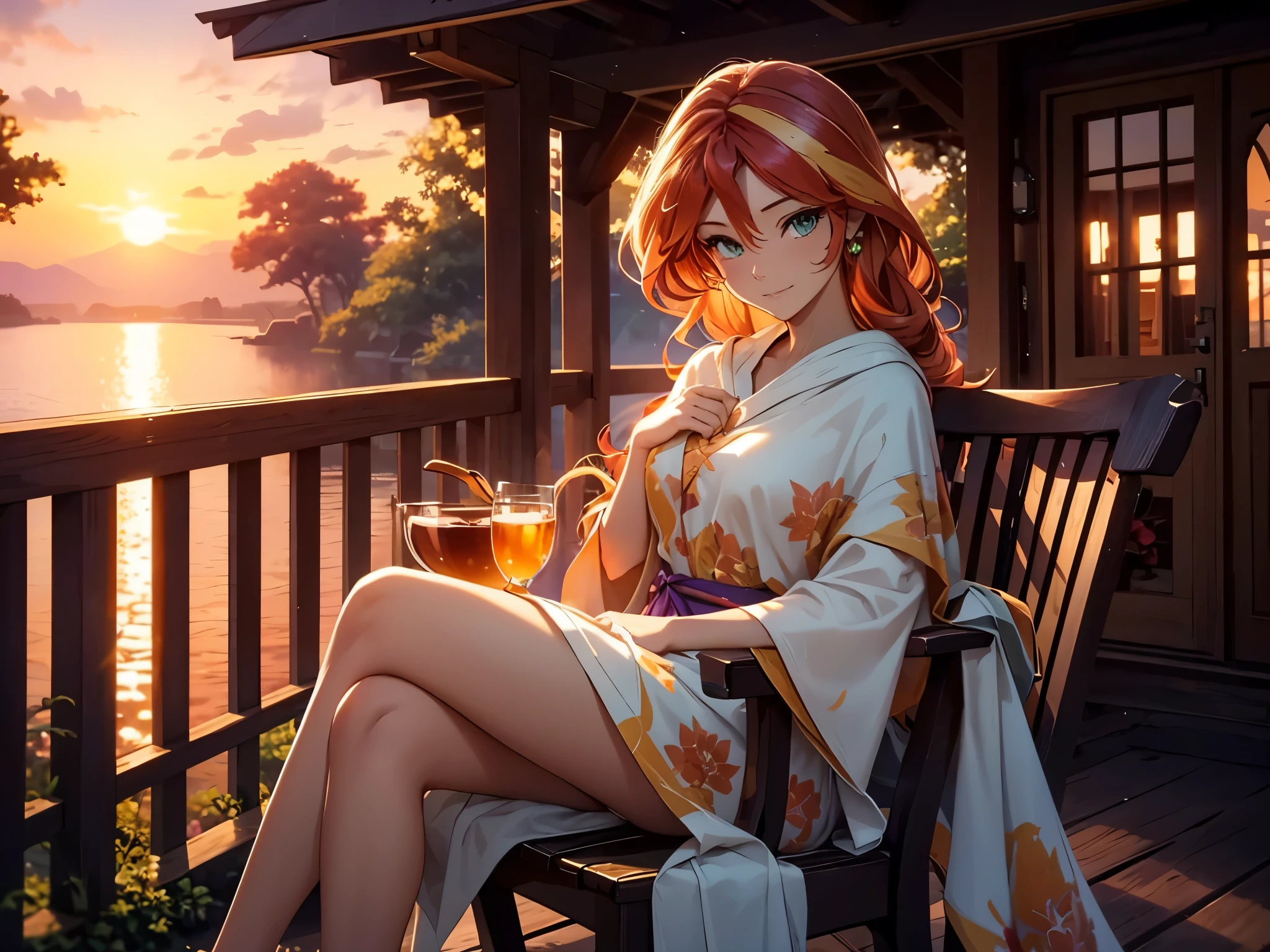 sunset shimmer, sitting on a chair on a porch, naked, wearing a colorful poncho, long hair flowing in the breeze, peaceful expression on her face, immersed in the warm golden light of the setting sun, surrounded by a lush garden, vibrant flowers in full bloom, a gentle breeze rustling the leaves, the porch adorned with rustic wooden furniture, a cup of tea resting on the table, casting a soft shadow, the air filled with a sweet floral scent, a serene and tranquil atmosphere, the sky painted with hues of orange and purple, the last rays of sunlight casting long shadows, a sense of calm and serenity, evoking a feeling of relaxation and contentment, a picturesque scene capturing the beauty of nature and the magic of the sunset. (best quality, 4k, highres),ultra-detailed, (realistic,photorealistic), vivid colors, soft warm lighting.