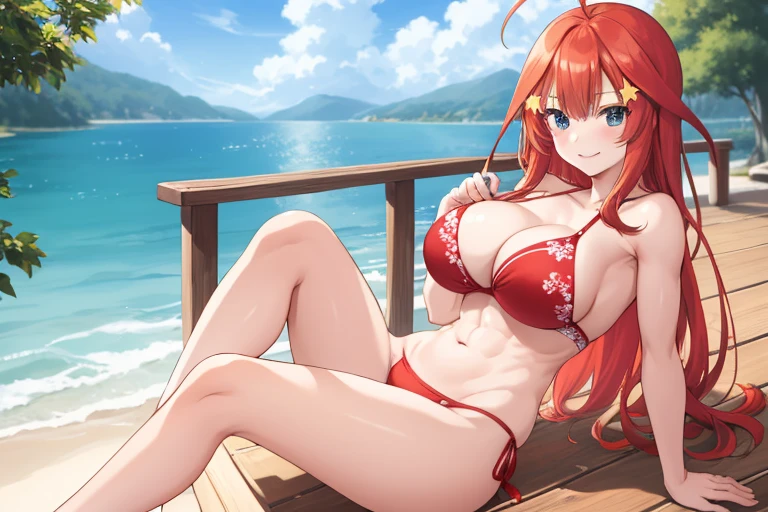 2d, masterpiece, best quality, anime, highly detailed, 5 girl, photo of 5 girl, quintuplets, nakano itsuki, red hair, long hair, star hair ornament, ahoge, huge breasts, standing, open-air bath, red bikini, outdoors, smile, abdominal, abs muscular, belly button, side breasts, back muscles, sitting crossed legs, big table filled with quintuplets surrounded by, t-back thong, sexy body, perfect body, pier at the cabin lake