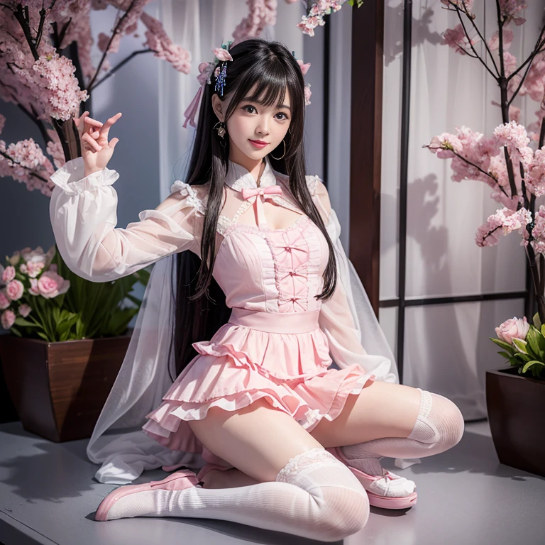 best quality, masterpiece, lifelike, 1 girl, Solitary, eternity, Black Hair, Long curly hair, Bangs, Pink skirt, Pink loli dress, layered skirt, Lolita style long skirt,分層連衣裙 Lace-trimmed 裙子, decorate, Lace, Long sleeve, Puff sleeves, Wide sleeves, Transparent sleeves, Hair accessories, 在flower园里, flower, Detailed background, Delicate face,pink blush,White,Knee socks, Pink shoes,cold,Lots of Lace,((masterpiece))、(top quality)、8k、High Detail、Ultra Detailed、 21 years old female,穿着Pink loli dress((Dreamy atmosphere:1.1))、Seductive and whimsical style、masterpiece、born、Scenes resembling fairy tale illustrations、Intricate details showcase the ruffles and intricate designs of the Lolita dress、fine、magic、capricious、 fine、Dreamy aesthetics、「art itself、ethereal、charming、fickle、magic」、realism、Visual effects、FXAA、SSAO、shader、voiceless、Ambient Lighting、Tone Mapping、high resolution、Ultra HD、Million pixels、(8k resolution:1.10)、8k、Below 8k、8k resolution、High Detail、Intricate details、她的脸上Expose惊讶和敬畏的表情、 (high quality:1.2、masterpiece:1.2、:1.21)、(21 years old female:1.21)、(smile excitedly)、(Surrounded by the Dreamy atmosphere of an amusement par色洛丽塔连衣裙、Her eyes were full of surprise and joy、I took a lot of geek photos、、High heel、Model Diagram,full-body shot,Knee-high White Lace socks,Sweet Lolita,Normal 2 feet,Pink shoes,Baotou shoes,full-body shot,baby star dress,have,不要Expose你的手指,cold,Emphasize the volume of the skirt,Expose,huge ,White underwear,The skirt flew up,Looking at the camera and laughing happily