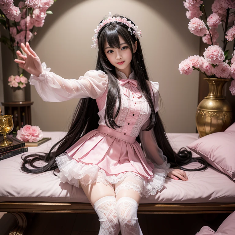 best quality, masterpiece, lifelike, 1 girl, Solitary, eternity, Black Hair, Long curly hair, Bangs, Pink skirt, Pink loli dress, layered skirt, Lolita style long skirt,分層連衣裙 Lace-trimmed 裙子, decorate, Lace, Long sleeve, Puff sleeves, Wide sleeves, Transparent sleeves, Hair accessories, 在flower园里, flower, Detailed background, Delicate face,pink blush,White,Knee socks, Pink shoes,cold,Lots of Lace,((masterpiece))、(top quality)、8k、High Detail、Ultra Detailed、 21 years old female,穿着Pink loli dress((Dreamy atmosphere:1.1))、Seductive and whimsical style、masterpiece、born、Scenes resembling fairy tale illustrations、Intricate details showcase the ruffles and intricate designs of the Lolita dress、fine、magic、capricious、 fine、Dreamy aesthetics、「art itself、ethereal、charming、fickle、magic」、realism、Visual effects、FXAA、SSAO、shader、voiceless、Ambient Lighting、Tone Mapping、high resolution、Ultra HD、Million pixels、(8k resolution:1.10)、8k、Below 8k、8k resolution、High Detail、Intricate details、她的脸上Expose惊讶和敬畏的表情、 (high quality:1.2、masterpiece:1.2、:1.21)、(21 years old female:1.21)、(smile excitedly)、(Surrounded by the Dreamy atmosphere of an amusement par色洛丽塔连衣裙、Her eyes were full of surprise and joy、I took a lot of geek photos、、High heel、Model Diagram,full-body shot,Knee-high White Lace socks,Sweet Lolita,Normal 2 feet,Pink shoes,Baotou shoes,full-body shot,baby star dress,have,不要Expose你的手指,cold,Emphasize the volume of the skirt,Expose,huge ,White underwear,The skirt flew up,Looking at the camera and laughing happily