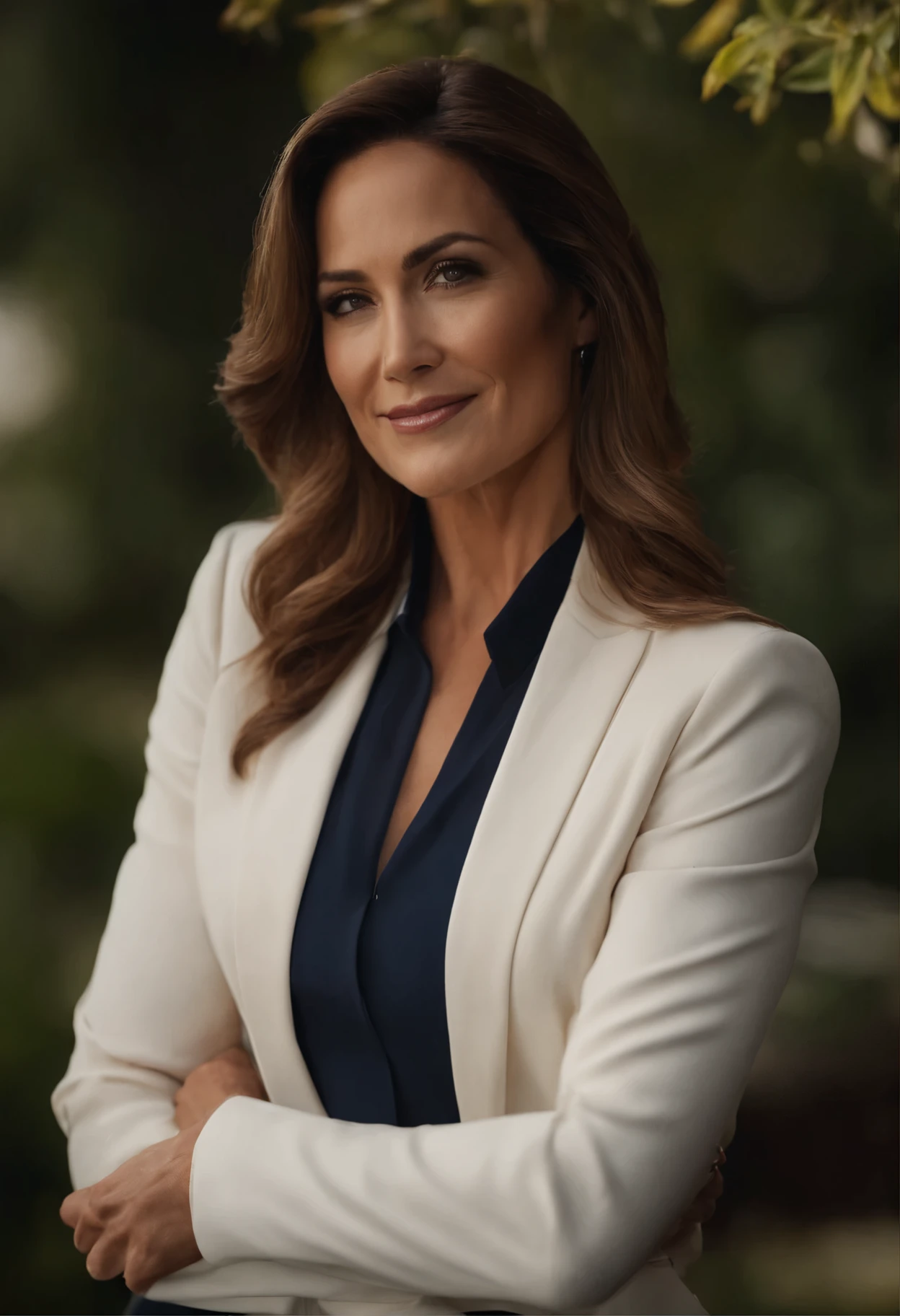 extreme closeup of an executive woman, Italian woman, 45 years old, brown hair, medium haircut, leaf-colored eyes, accentuated nose, defined features, ultrarealism, white skin, dressed in formal and elegant clothing, beautiful, friendly, confident woman with beautiful legs standing in high heels named Sharonah Volmariota, smiling, wearing dark blue business suit and white shirt, John Wick film location, inspired by young Sharon Stone in Basic Instinct, High resolution, low angle, light coming from the sunset, 8k, Intricate ultra realistic details, extremely detailed, incredible details, A cinematic scene from 2023, captured by Canon EF 50mm f/1.2L USM lens on a Canon EOS 5D Mark IV camera, film directed by Derek Kolstad, Rim Lighting --Raw Style