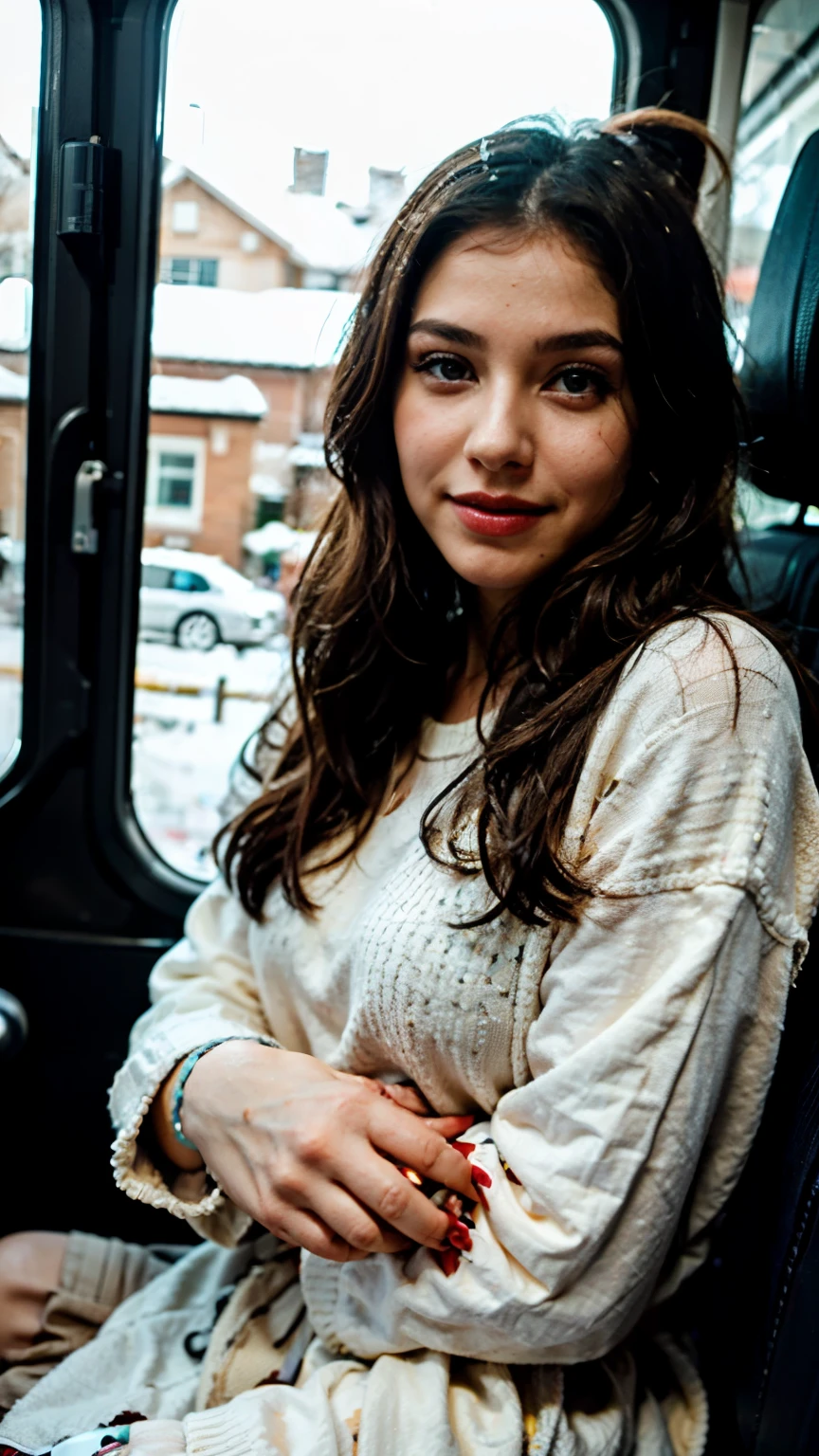 Nice girl, Russian, 17 years, looks young, sitting on a seat in a minibus and looking out the window. She wears very little makeup and looks natural and simple.. She has a special charm of youth and a bright soul. She has good facial features, lips painted with lipstick. She's humble. Time of year - winter, Snow. A city street is visible through the window.: Houses, trees. The girl is thoughtful, there is a slight smile on her face. Expressive palette, shades of everyday life. In a realistic, but artistic style.