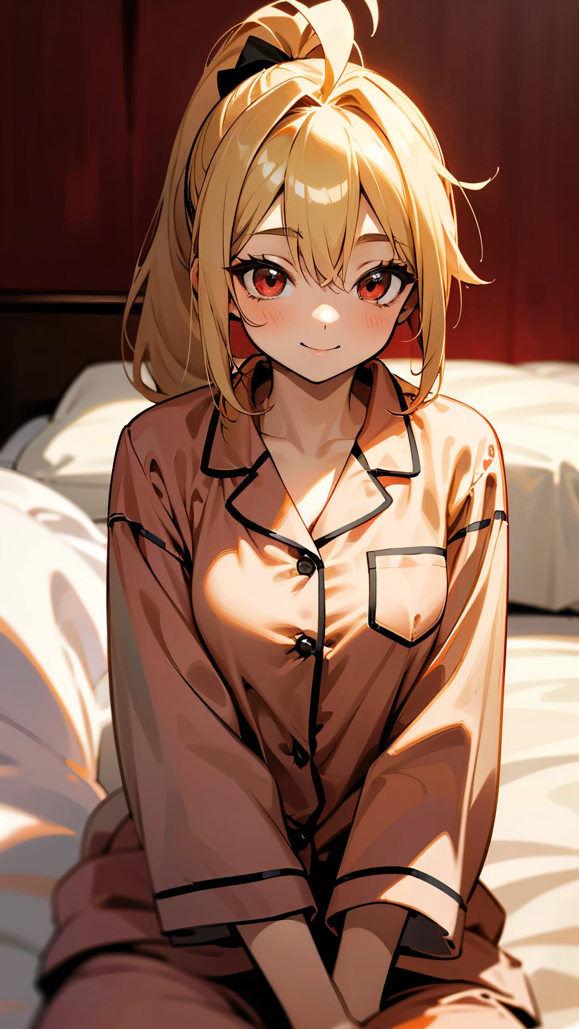 18-year-old girl sitting on bed、solo、Anime-style paintings、Wearing pajamas、Blonde ponytail、Ahoge、Beautiful red eyes、smile、smile、The soft texture of pajamas、Upper body close-up、Red and black based colors、Background blur、The depth of the drawn boundaries