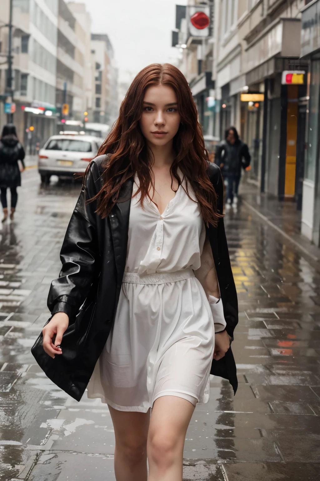 In the image, a 23-year-old girl with white skin, red hair and gray eyes walks elegantly down a rain-wet street. Her long, wavy hair frames her face as she strides forward, displaying a bearing worthy of a model. The photo, captured with a high-resolution film camera, highlights every detail of her beauty and confidence in the midst of the urban and rainy environment.