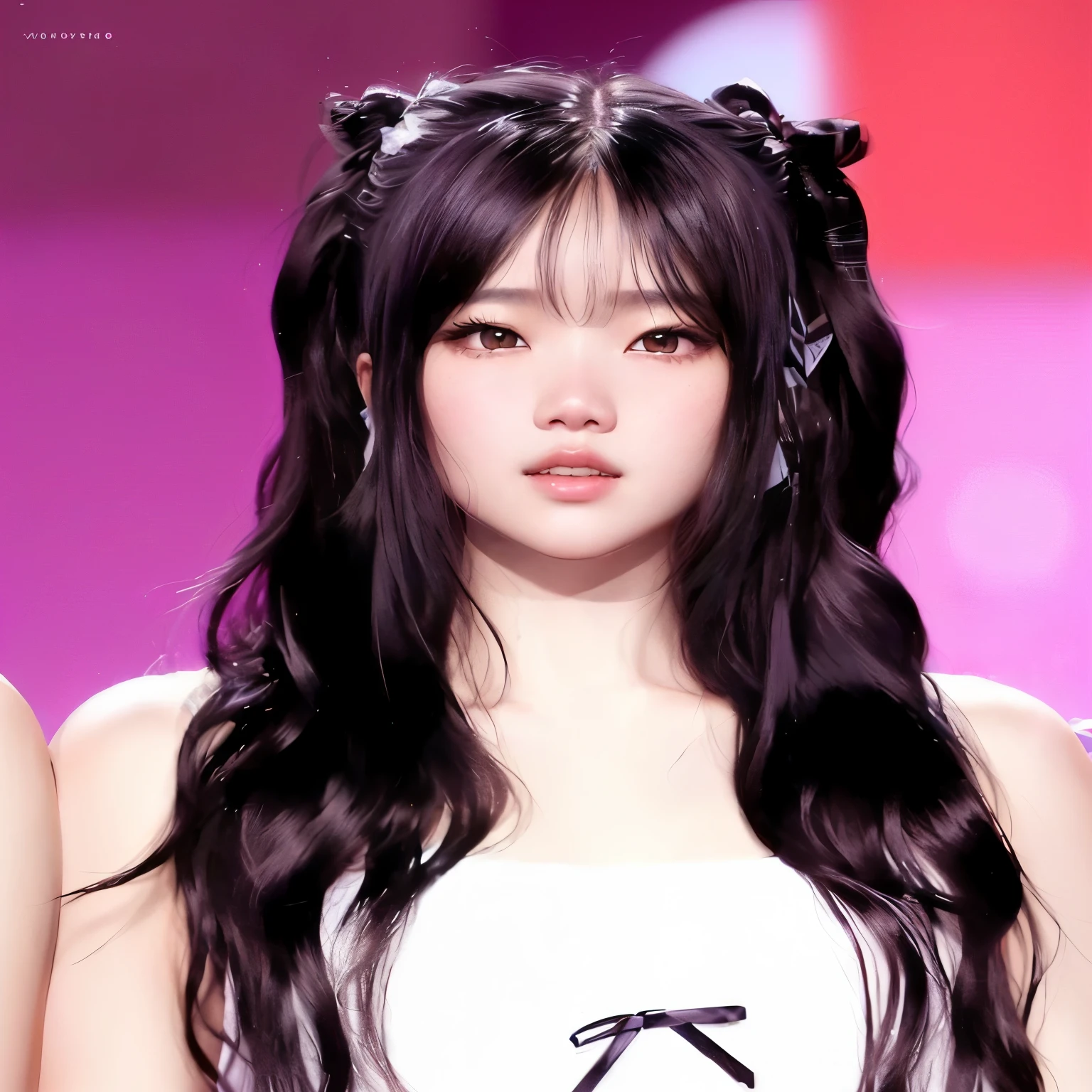 un primer plano de una mujer con cabello largo y vistiendo un top blanco, Wonyoung, Wonyoung, Wonyoung, portrait of female korean idol, ella tiene el pelo negro con flequillo, Wonyoung, retrato de Wonyoung, kpop idol portrait, aparcar desde-min, pale korean adorable face, korean idol