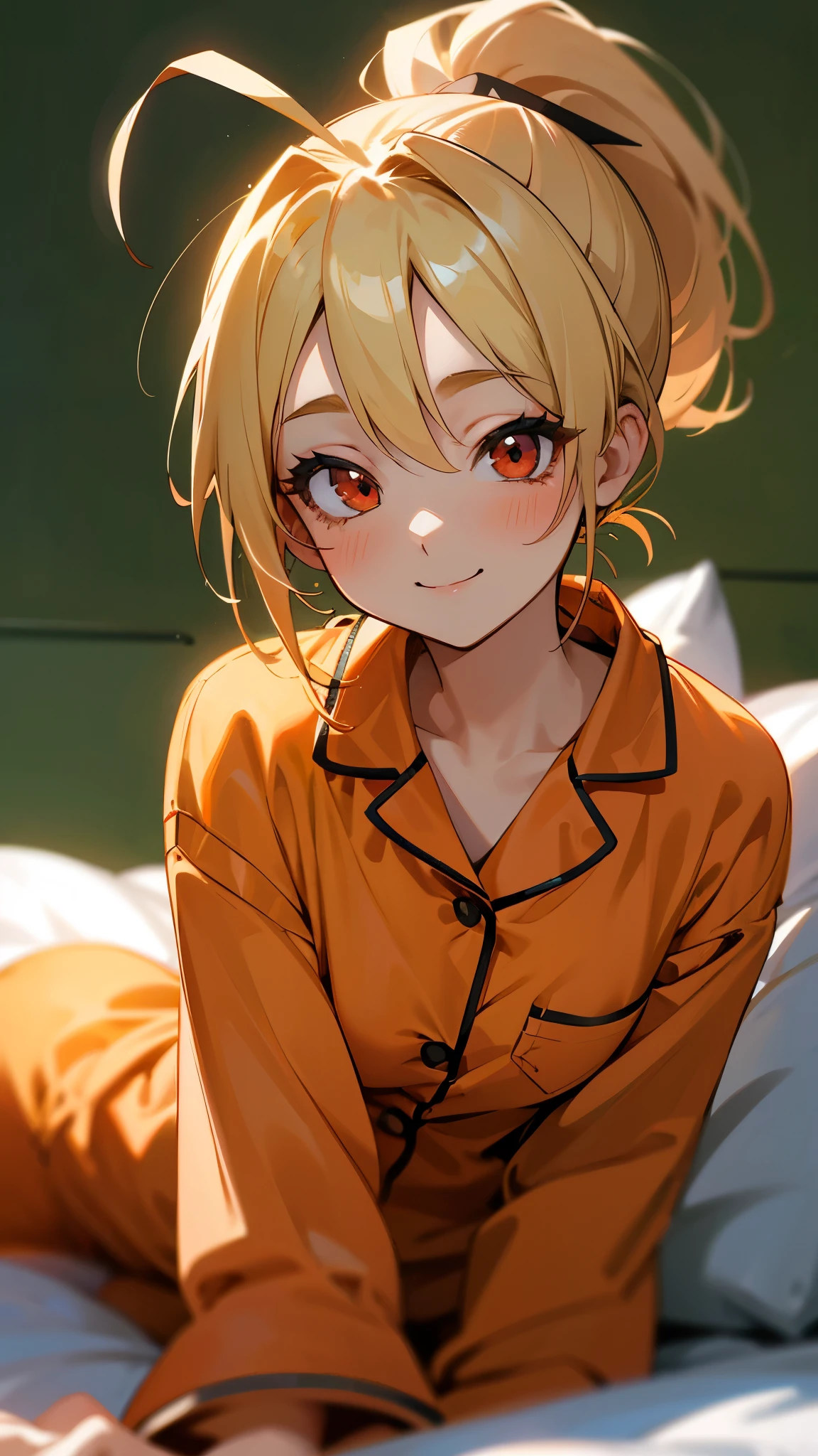 18-year-old girl sitting on bed、solo、Anime-style paintings、Wearing pajamas、Blonde ponytail、Ahoge、Beautiful red eyes、smile、smile、From the side、The soft texture of pajamas、Face close-up、Colors based on green and orange、Background blur、The depth of the drawn boundaries