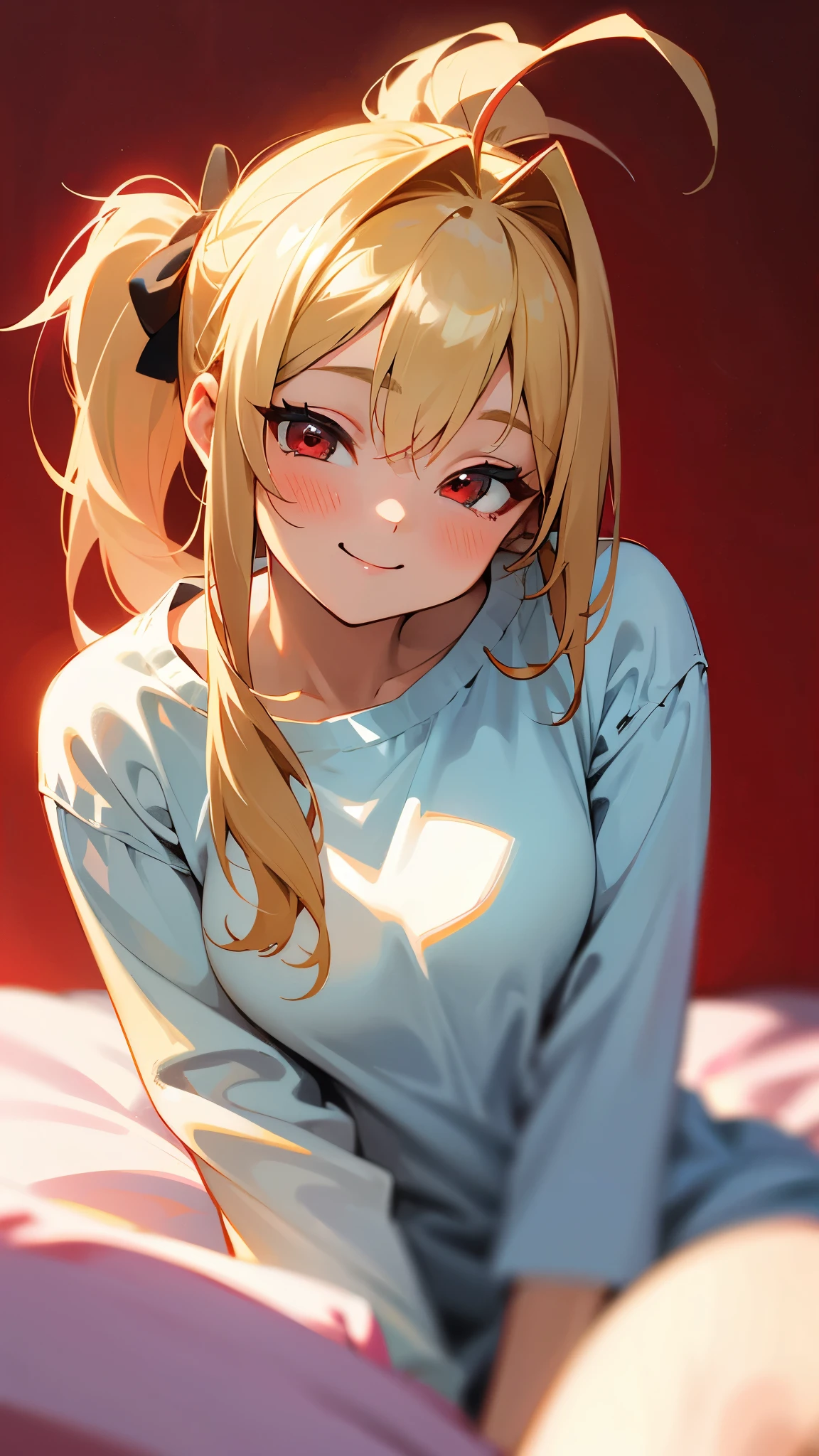 18-year-old girl sitting on bed、solo、Anime-style paintings、Wearing pajamas、Blonde ponytail、Ahoge、Beautiful red eyes、smile、smile、The soft texture of pajamas、Upper body close-up、Red and black based colors、Background blur、The depth of the drawn boundaries