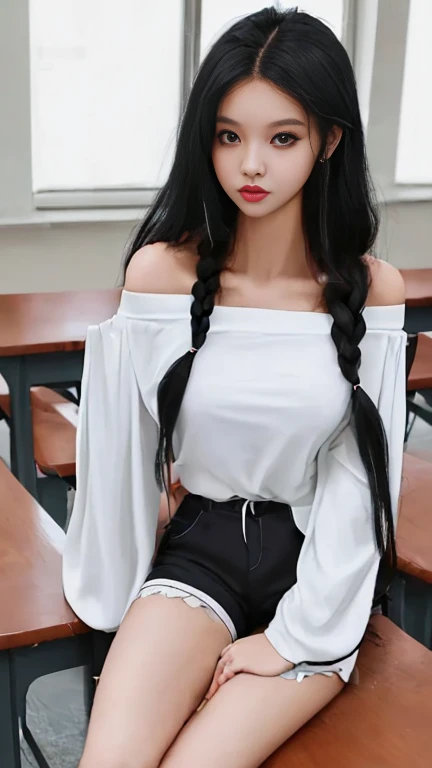 beautiful girl,sexy,braiding black hair,Wear a white, long-sleeved, off-the-shoulder t-shirt.,Wear shorts.,Wear stockings,sitting on the table,in the classroom