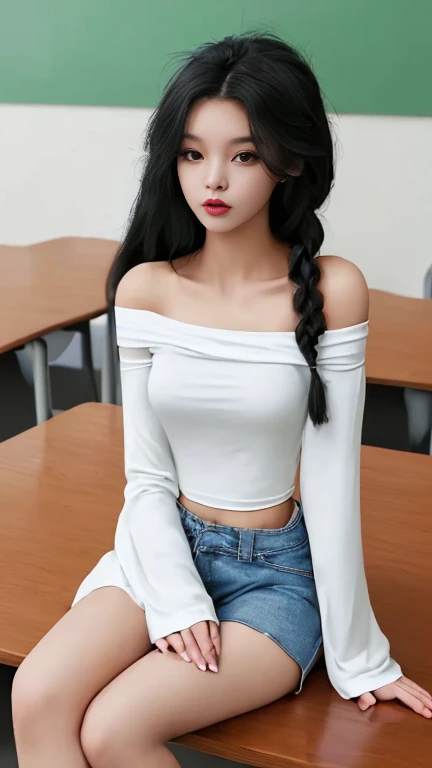 beautiful girl,sexy,braiding black hair,Wear a white, long-sleeved, off-the-shoulder t-shirt.,Wear shorts.,Wear stockings,sitting on the table,in the classroom