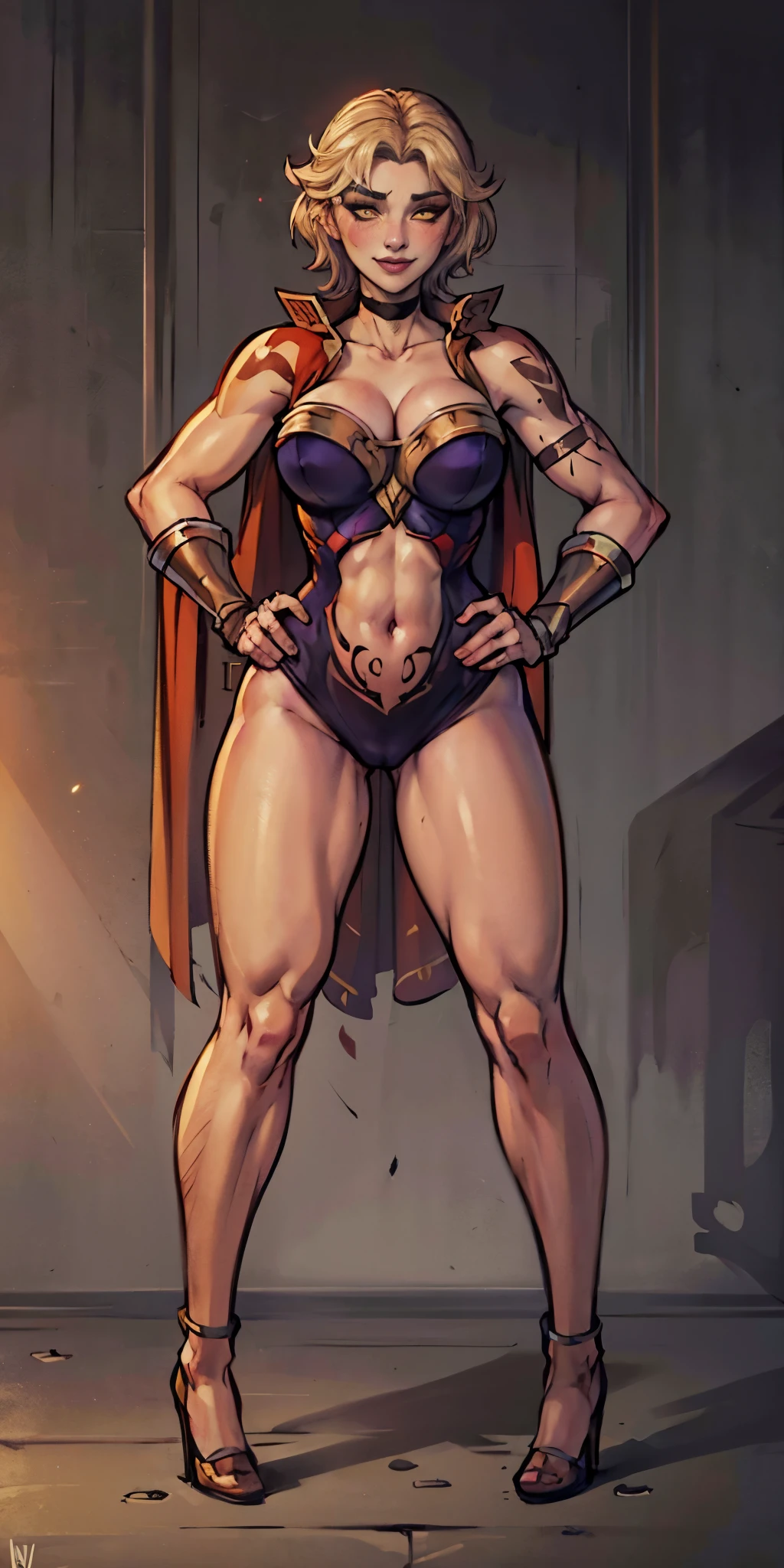(masterpiece, full body, game art style, best quality, high res, 4k, 8k, detailed illustration, intricate detail, cinematic lighting, amazing quality, ultra detailed, best shadow, grey background:1.2) Two long thighs, yellow eyes, blonde hair, short hair, large breasts, detached sleeves, royal tiara, long cape, yellow tiger bikini, high heels, hands on hips. red tattoo on belly navel, full body female MILF BIMBO, lustful smirking smile face (red blush), metal shoulders, golden bracers sleeveless, black choker sex slave