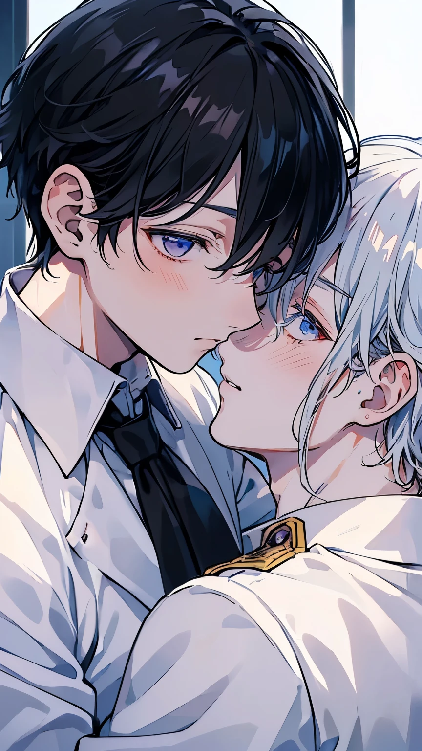 (Mastepiece), (Best Quality), Very detailed, ((Two men intimate:1.5)), Perfect Face, Beautiful Face, Very detailed顔,(Black Haired Man:1.3),(Man with white hair:1.3),uniform、shirt