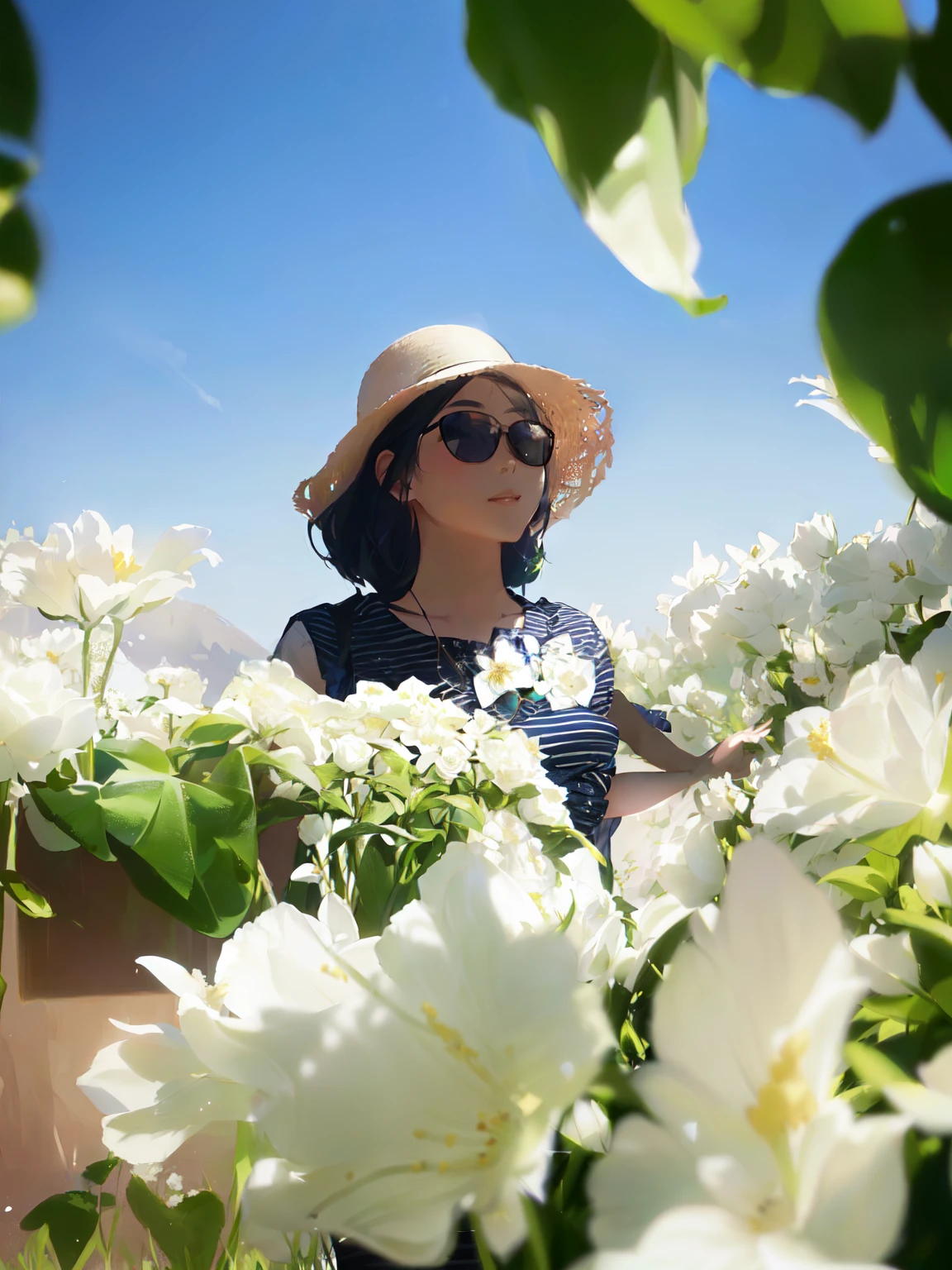 there is a young woman wearing a hat and sunglasses standing in a field of flowers, wearing a travel hat, in sunny weather, taken with canon eos 5 d mark iv, in a sunny day, wearing wide sunhat, with flowers, in the sun, photo taken with canon 5d, shot on leica sl2, woman in flowers, on a sunny day