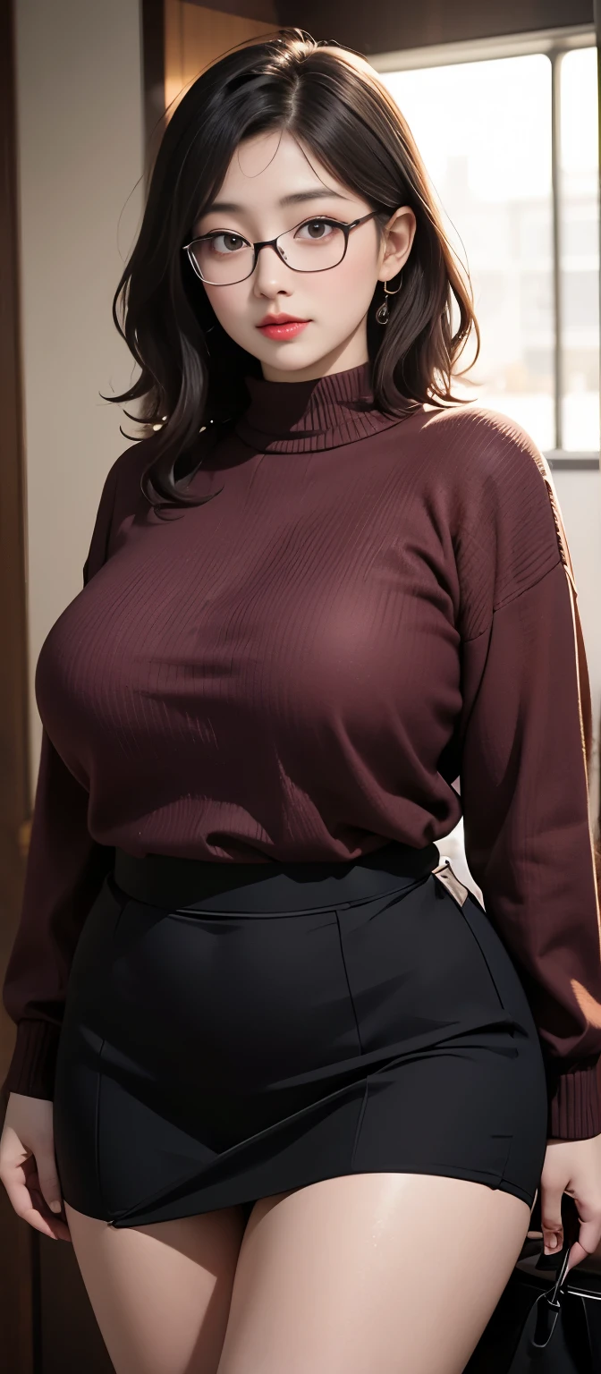 (Best quality,8k,ultra high res:1.2),(Pretty Japanese girl),(Huge breasts:0.8),(dark maroon sweater), (thick thighs:0.9), (obese body), (glasses), (SFW), (fat thighs:0.8), (short wavy hair )