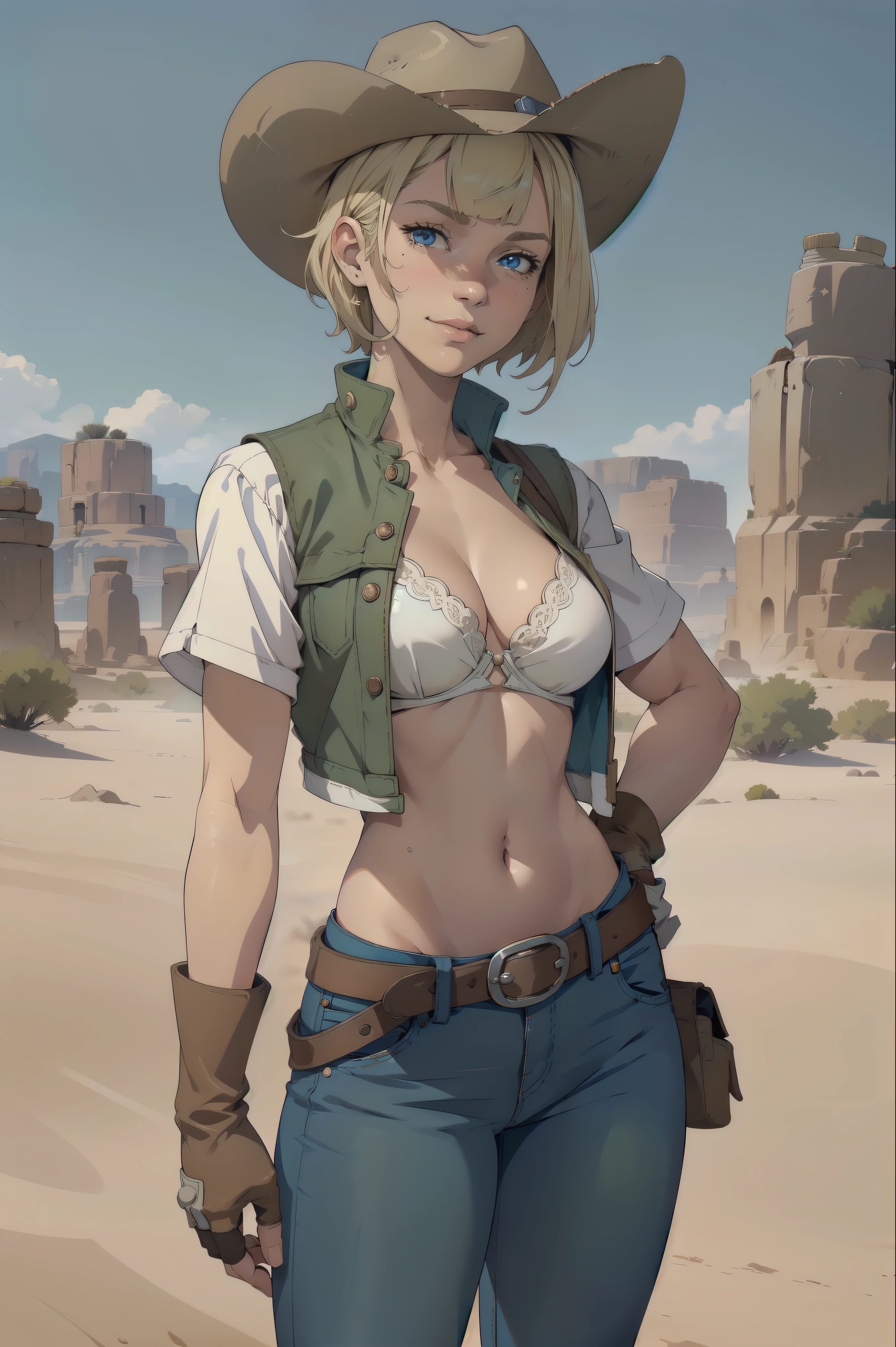 1girl, cowboy hat, white bra, green vest, no sleeves, navel, blue jeans, brown boots, fingerless gloves, short gloves, slight smile, short hair, blonde hair, parted bangs, blue eyes, mole under right eye, American Old West, sunny desert background, belt, best quality, masterpiece
