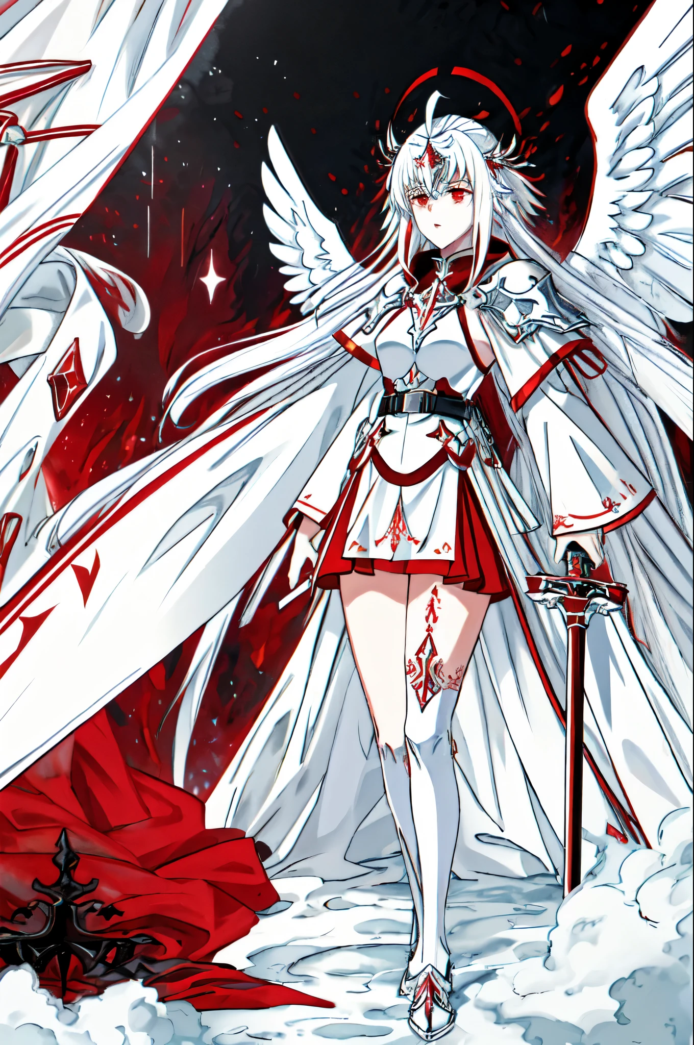  ft tall angel with long white hair red eyes pure white skin a white cloak giant angel wings with red Crystal tips and a second pair of angel wings under the first pair eyes inside the wings metal armor piece on the legs black metal holding a giant sword spear made out of black metal ((male)) white metal armor on the legs