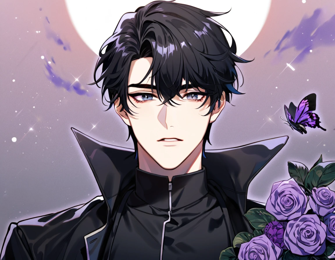 (absurdres, highres, ultra detailed, HDR) master piece, best quality, perfect face, delicated features, Yoo Joonghyuk, black hair, expressive gray eyes, Omniscient reader's viewpoint, solo, sexy man, handsome, black coat, black tight shirt, moon, purple flames, purple butterflies, purple roses, starry sky