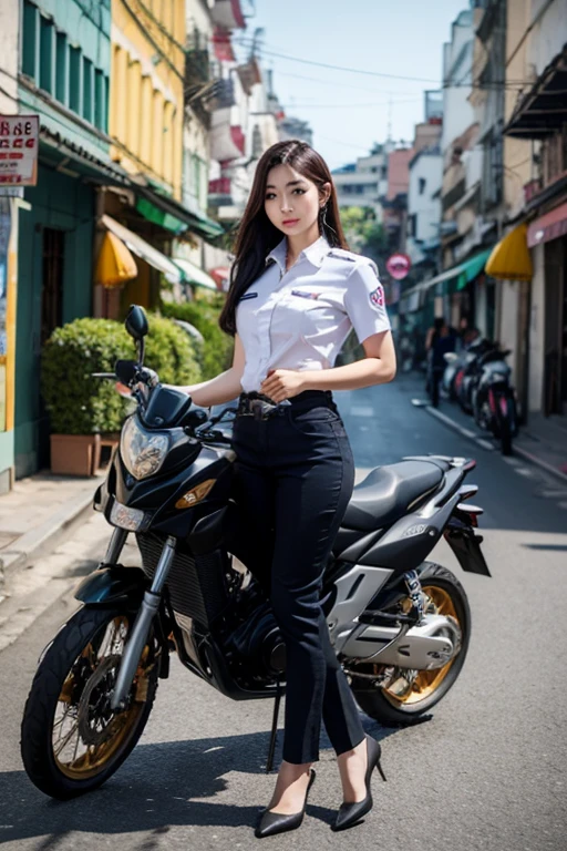 Vietnamese female police officer, masterpiece, extremely beautiful, full body shot, modern street background