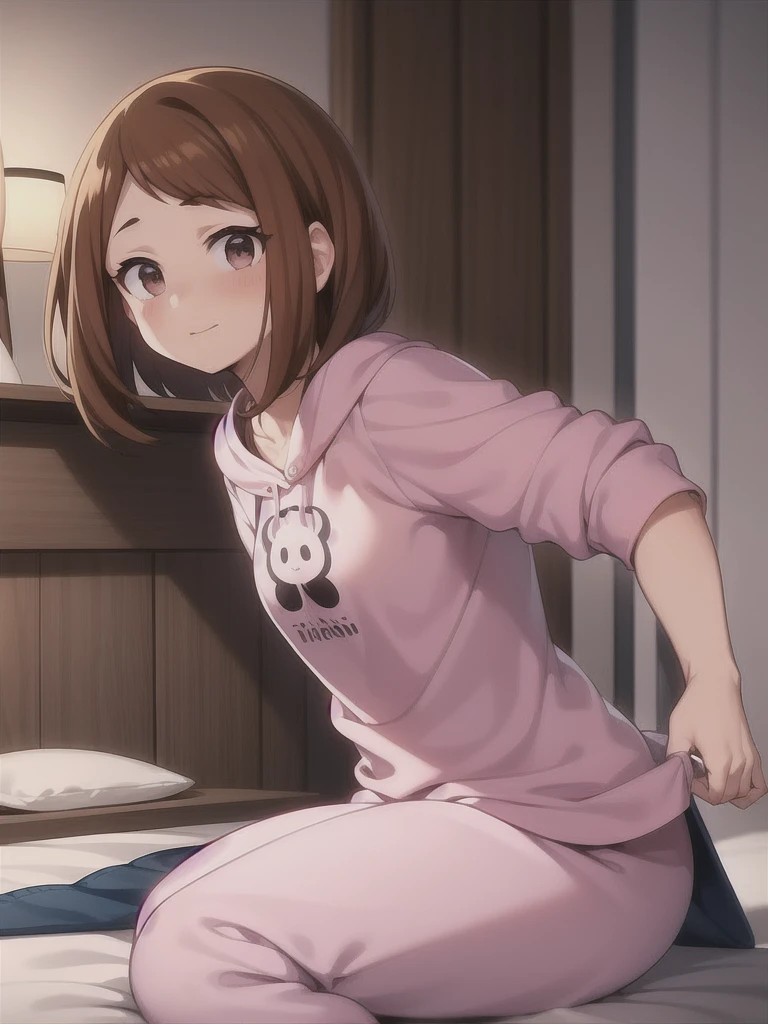 Ochaco Uraraka, wearing pajamas, nice environment, super detailed, high quality ,in bed