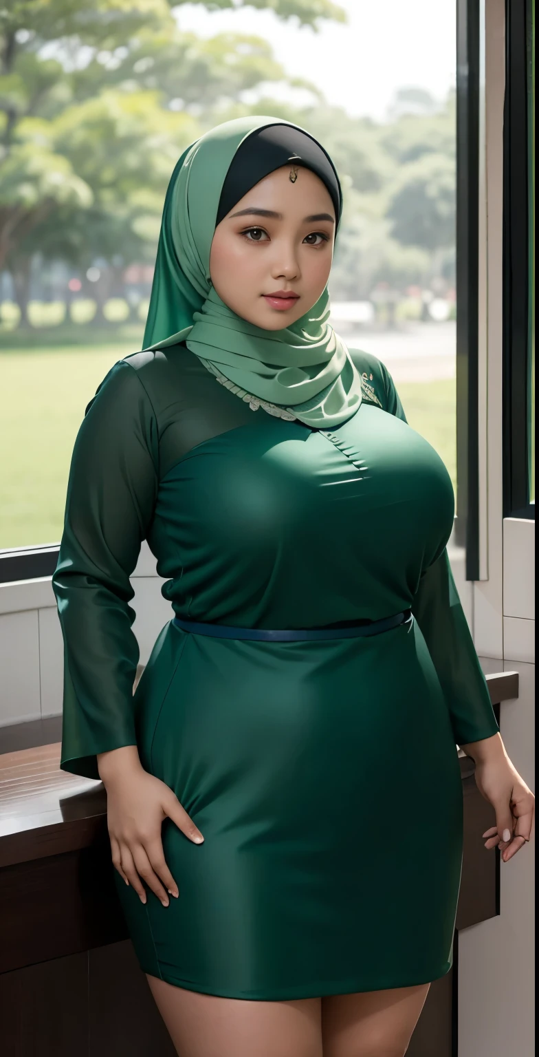 1 malay girl, modern plain hijab, shy, medium portrait, watery eyes, wearing pastel green kebaya, ((big breasts)), black bokeh background, well-proportioned body,, chubby massive thighs, full body pose, Hena art on the body, hena art oada face