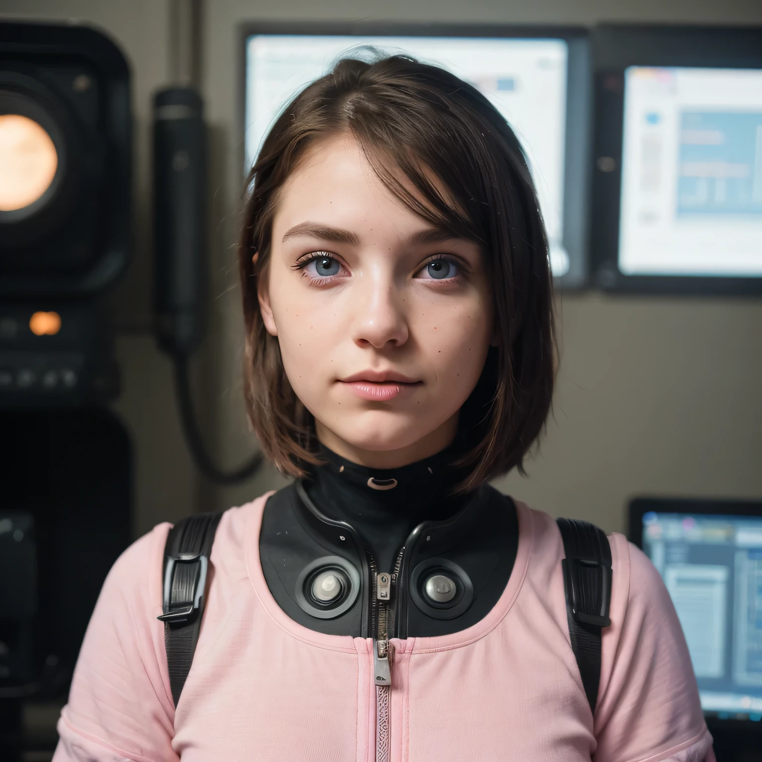 photo of a college student, Purple-Pink Gradient, futuristic space suit, (freckles:0.8) cute face, sci-fi, dystopian, detailed eyes, Heterochromia eyes（（Side view））Back Room