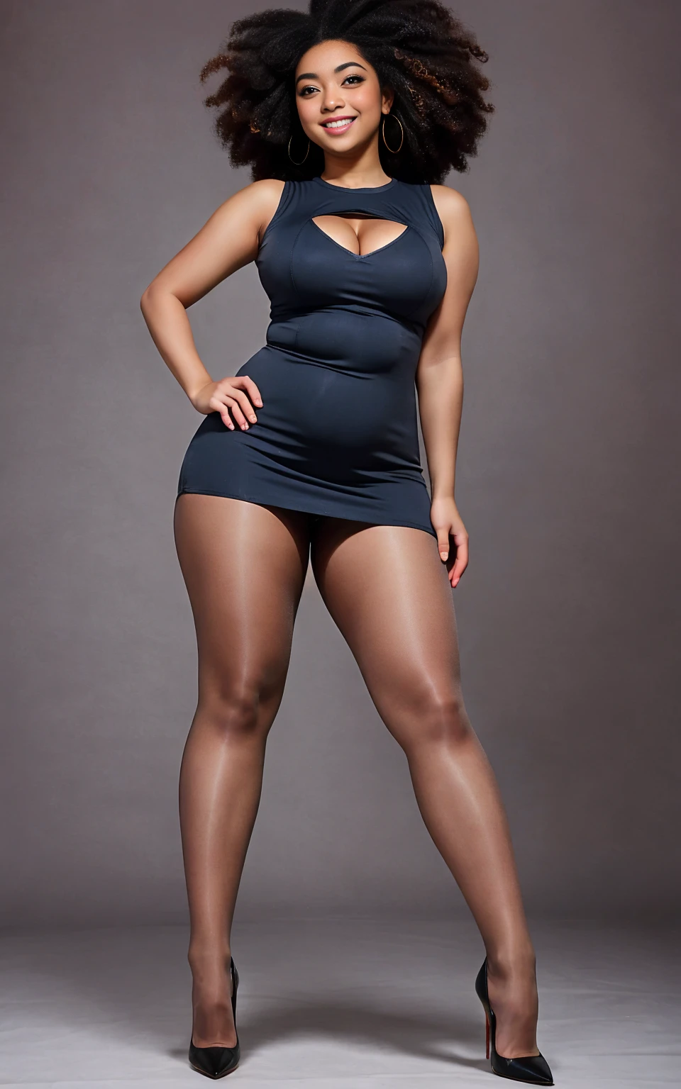 (full body), looking at the camera, facing forward, Stunning proportions, best quality, big fat legs, high heels, big and heavy set, plus-sized, fat woman, standing alone, arms behind back, big long legs, enormous legs, Plus size, Blasian, curly afro, sheer pantyhose, little black dress, big breasts, Low camera angle looking up at legs towering over you, legs a prominent feature, open legs, smiling, 16k resolution, highest quality, realistic, photo realistic, 16k