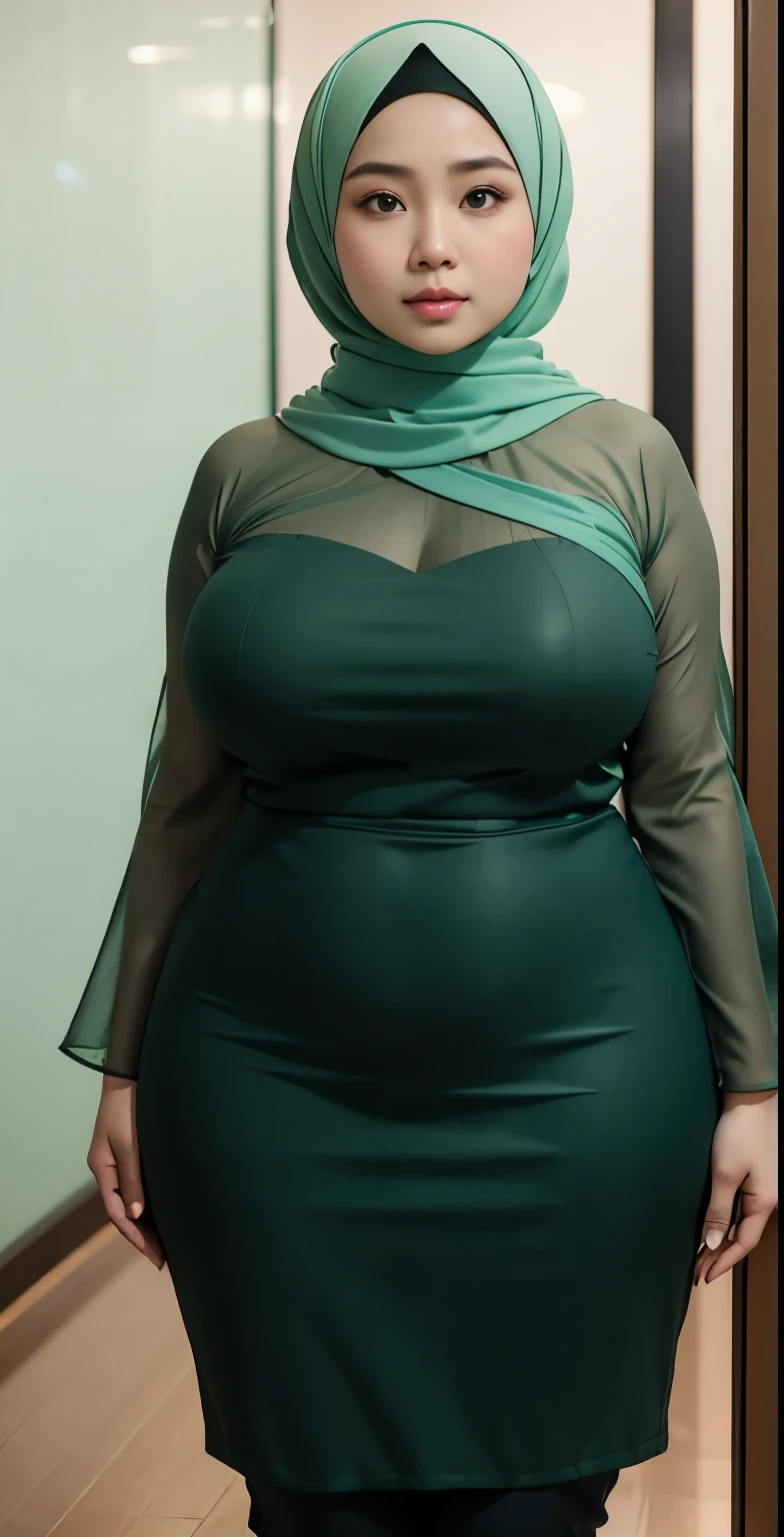 1 malay girl, modern plain hijab, shy, medium portrait, watery eyes, wearing pastel green kebaya, ((big breasts)), black bokeh background, well-proportioned body,, chubby massive thighs, full body pose, Hena art on the body, hena art oada face