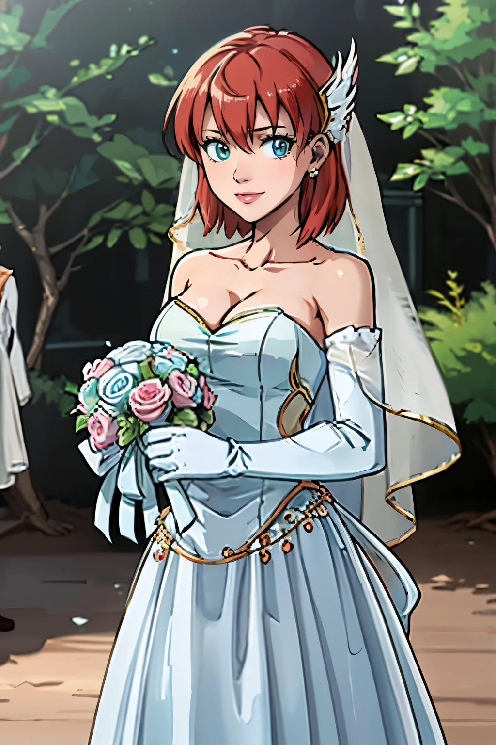 1girl, solo,Priscilla fe, crown,earrings ,lipstick, eye shadow, makeup, hair between eyes, ahoge, hair ornament, gloves, dress, cleavage, bare shoulders, collarbone, white oprea gloves, white gloves, white dress, strapless, white choker, tiara, veil, strapless dress, wedding dress, bridal veil, beautiful woman, perfect body, perfect breasts, wearing a wedding dress, ball gown, in the park trees, wedding decorations, looking at the viewer, smile, realism, masterpiece, textured skin, super detail, high detail, high quality, best quality, 1080p,