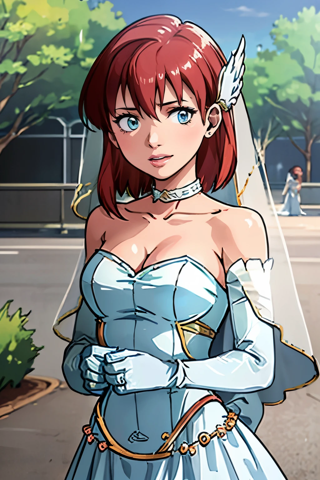 1girl, solo,Priscilla fe, crown,earrings ,lipstick, eye shadow, makeup, hair between eyes, ahoge, hair ornament, gloves, dress, cleavage, bare shoulders, collarbone, white oprea gloves, white gloves, white dress, strapless, white choker, tiara, veil, strapless dress, wedding dress, bridal veil, beautiful woman, perfect body, perfect breasts, wearing a wedding dress, ball gown, in the park trees, wedding decorations, looking at the viewer,  smile, realism, masterpiece, textured skin, super detail, high detail, high quality, best quality, 1080p,