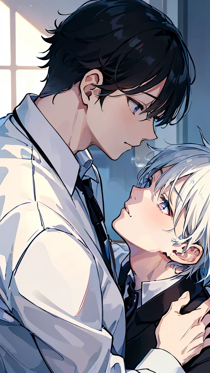 (Mastepiece), (Best Quality), Very detailed, ((Two men intimate:1.5)), Perfect Face, Beautiful Face, Very detailed顔,(Black Haired Man:1.3),(Man with white hair:1.3),uniform、shirt