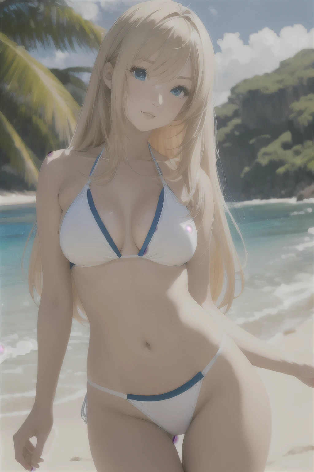Anime girl with long blonde hair and blue eyes in a white bikini. On the beach