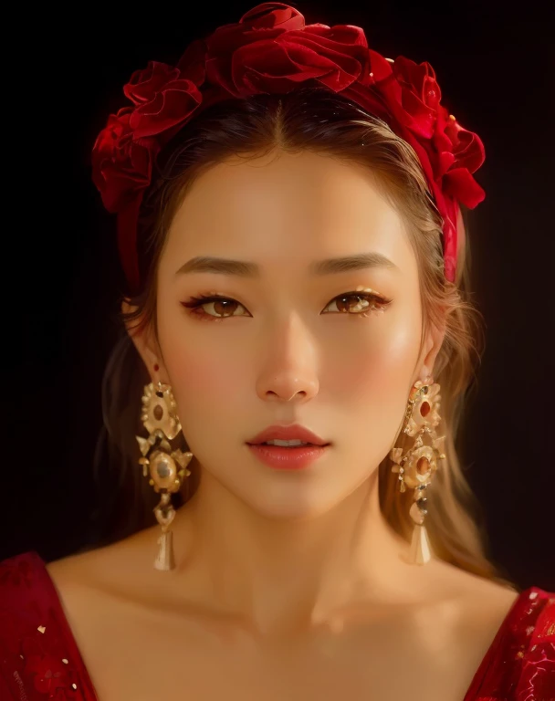 Imagen arafed de una mujer con un vestido rojo y aretes., soft retrato 8k, terciopelo rojo, shaxi, retrato de Tzuyu de twice, Tzuyu de Twice, Tzuyu de Twice, park de mi parte, de mi parte, Inspirado por Jeong Seon, retrato 8k, Hwang se - es, inspirado en Sim Sa-jeong