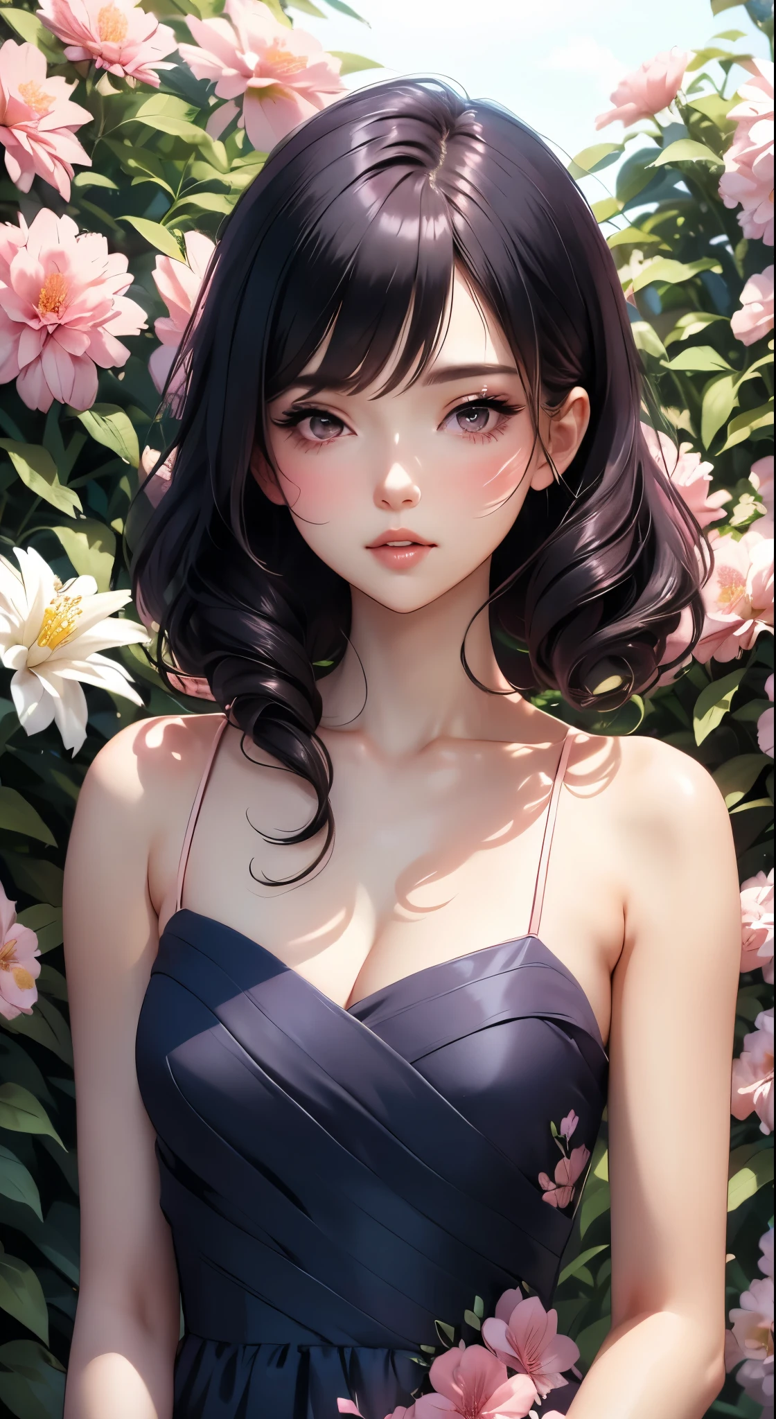 a woman in a pastel pink summer dress standing in front of flowers, beautiful comic art, beautiful alluring anime woman, beautiful anime woman