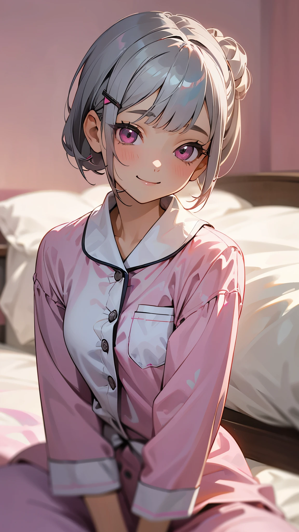 17 year old girl sitting on bed、solo、Anime-style paintings、Wearing pajamas、Silver and bob short hairstyle、Tie your hair up with a hair clip、Pink Eyes、smile、smile、The soft texture of pajamas、Upper body close-up、Grey and pink colour scheme、Background blur、The depth of the drawn boundaries