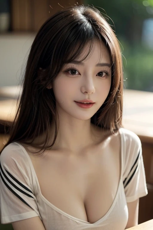 (top quality、8k、masterpiece:1.3))、38-year-old Korean woman，sharp focus, High level of image quality, high resolution，facial focus，table shots，Upper body photo。Draw lips correctly, parted lips，Wear a white shirts，ample cleavage, long black hair，Mature woman，charming smile，big breast, puffed chest, bokeh background, table shots 