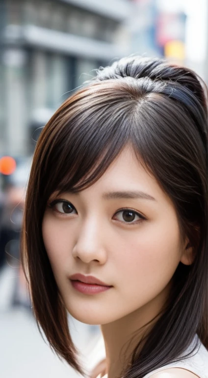 asian female police officer, masterpiece, extremely beautiful, close-face shot, modern street background