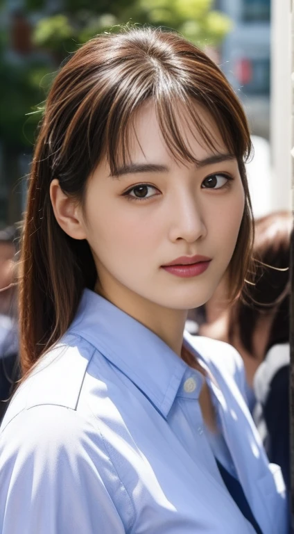 asian female police officer, masterpiece, extremely beautiful, close-face shot, modern street background