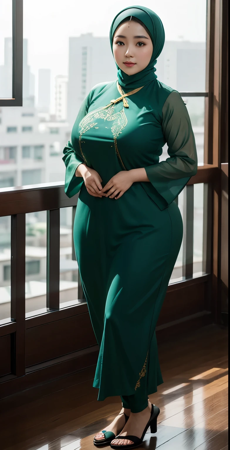 1 chinese-Indonesian girl, modern plain hijab, shy, medium portrait, watery eyes, wearing pastel green kebaya, ((big breasts)), black bokeh background, well-proportioned body,, chubby massive thighs, full body pose, Hena art on the body, hena art the face, full body view