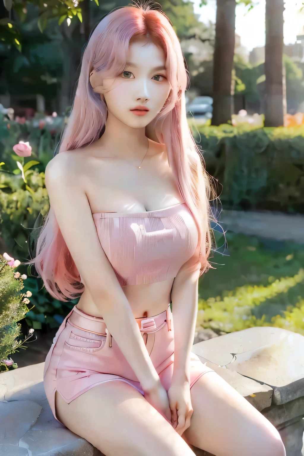 a close up of a woman with rosa hair sitting on a stone bench, smooth rosa skin, rosa girl, hermosa joven coreana, muchacha coreana, ((rosa)), with rosa hair, long flowing rosa hair, rosa straight hair, some rosa, long rosa hair, con cabello largo, pastel rosa, hermosa mujer surcoreana, roseanne park of blackrosa, flowing rosa hair,  Face Korean, Korean Woman, Korean Fem, K-pop group, K-pop Twice, Twice, Sana, Sana Face, Sana Twice, Minatozaki sana, Sana k-pop