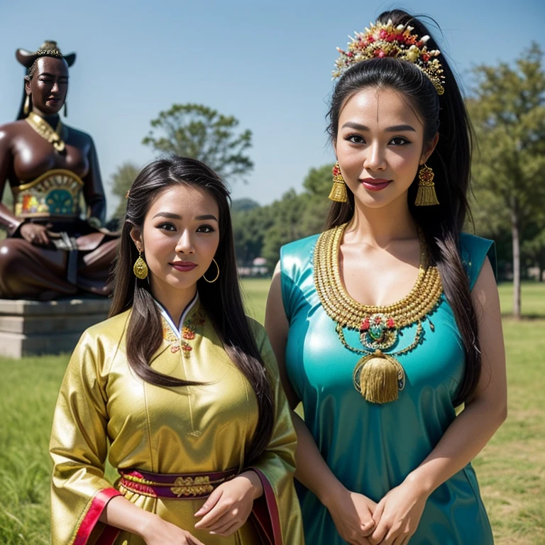 (thai woman),((highponytail)),(forehead),(Oriental Folk Costumes:1.5),(enormous breasts:1.5),(Fantastic World:1.7),(grasslands:1.6), (Fictitious eastern-style buildings and huge stone statues:1.2),big smile,  (cowboy shot:1.4),8k, UHD,