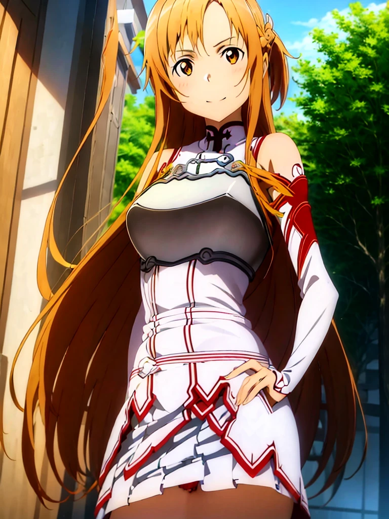 Asuna Yuki(Sword Art Online), Dynamic Angle, Long bronze hair,Braiding,Brown eyes,Fine grain,Big bust line,roll forward,Armature,breastplate,Long sleeve white shirt,Removable sleeves,Red and white skirt,Pleated skirt,real,Her slim legs are really cute.,Very beautiful long legs.,White knee-highs,garter,Perfect body,real,Are standing,Lean forward slightly,Asuna Yuki(Sword Art Online), (masterpiece, highest quality:1.2), (((One girl))), 一人で panties，Embarrassing, panties，classroom， (((Skirt flip, pantiesが見えてるよ)))，squat，squat，squat，squat，squat，squat，Spread your legs， (((Skirt flip, pantiesが見えてるよ)))， (((Skirt flip, pantiesが見えてるよ)))， (((Skirt flip, pantiesが見えてるよ)))， (((Skirt flip, pantiesが見えてるよ)))，