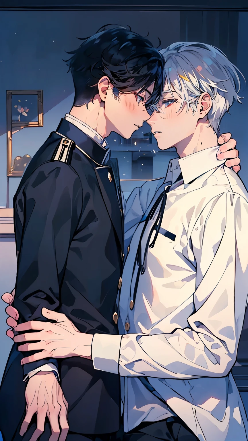 (Mastepiece), (Best Quality), Very detailed, ((Two men intimate:1.5)), Perfect Face, Beautiful Face, Very detailed顔,(Black Haired Man:1.3),(Man with white hair:1.3),uniform、shirt