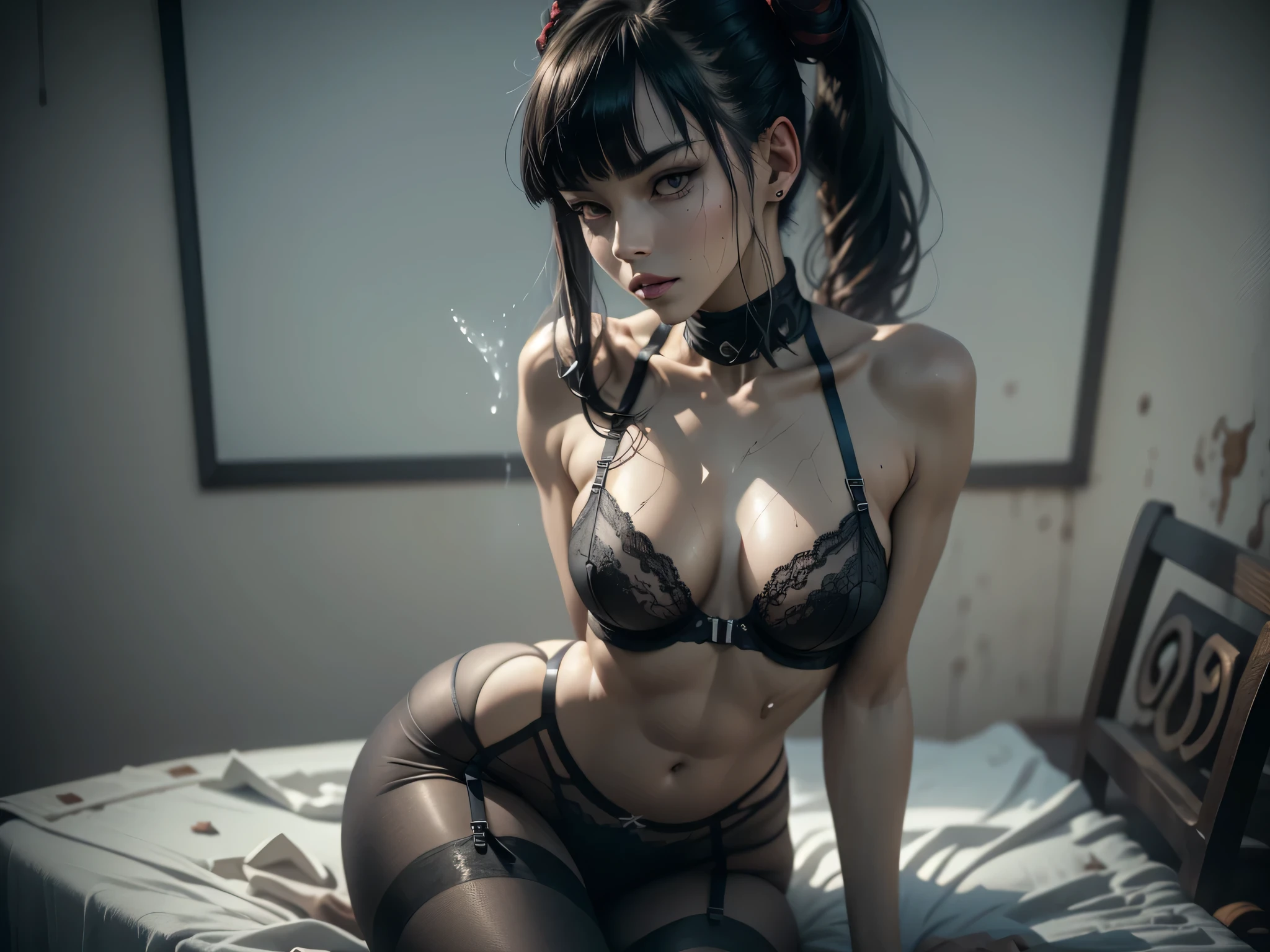 ((night)), (blood red moon), (modern hair)),future brothel cyberpunk theme, she is a skinny and toned 25 year old sexy and perfect and intimidating Japanese/American skinny/tone futuristic evil retribuition alice, pale white skin, sitting on the corner of the bed, eye contact, (full tall body is shown), (((short hair with short ponytails and bangs))), she is standing far enough away that you can see her full body, wallpaper, perfect face and eyes, she has a skinny and athletic body wearing pantyhose, only her full body is shown above the viewer looking down at him, perfect face, perfect strong jawline, perfect lips, best resolution, perfect bone structure, femdom, she has a skinny and toned young perfect body and legs, she is a dominate looking sex demon with tight stockings and garter belt, looking down at the viewer, full body, perfectly proportioned body, short hair, young/modern hairstyle hair 2 ponytails and bangs, she is in a bedroom on a bed, ((not nude)) ((best detail)) ((best body and face detail)) (((Perfect face and jawbone))), ((closed mouth)), ((((black underwear)))), (she is sadistic), (((Perfect bone and facial structure))) (camel toe) (tight pussy) ((stockings)), best qualtiy, Full body,((refined face)) ,tone figure ,very Tight black lingerie、camel toe, ,(Accurate and perfect face:1.3),(Long legs:1.3), eerie lighting, masutepiece, super detailing, High quality, high detailing, Best Quality, 16 K,dramatic lighting 、Sweaty all over (((lingerie))). ((semen dripping from pussy under her underwear)), (((Skinny))) ((sexy and intimidating pose from above)), pin-up, femdom. domination, perfect feet. fit body, power, and control. ((skinny and toned body)), toned butt, abs, perfect, no deformed body part (masterpiece).(((not fully nude))) (((sexy underwear))) (((stockings))) (perfect face) (bra), impending death. (masterpiece) (perfect proportion)(realistic photo)(best quality) (detailed) (8k) (HDR) (((dark/nighttime))) (cinematic lighting) ,scary,