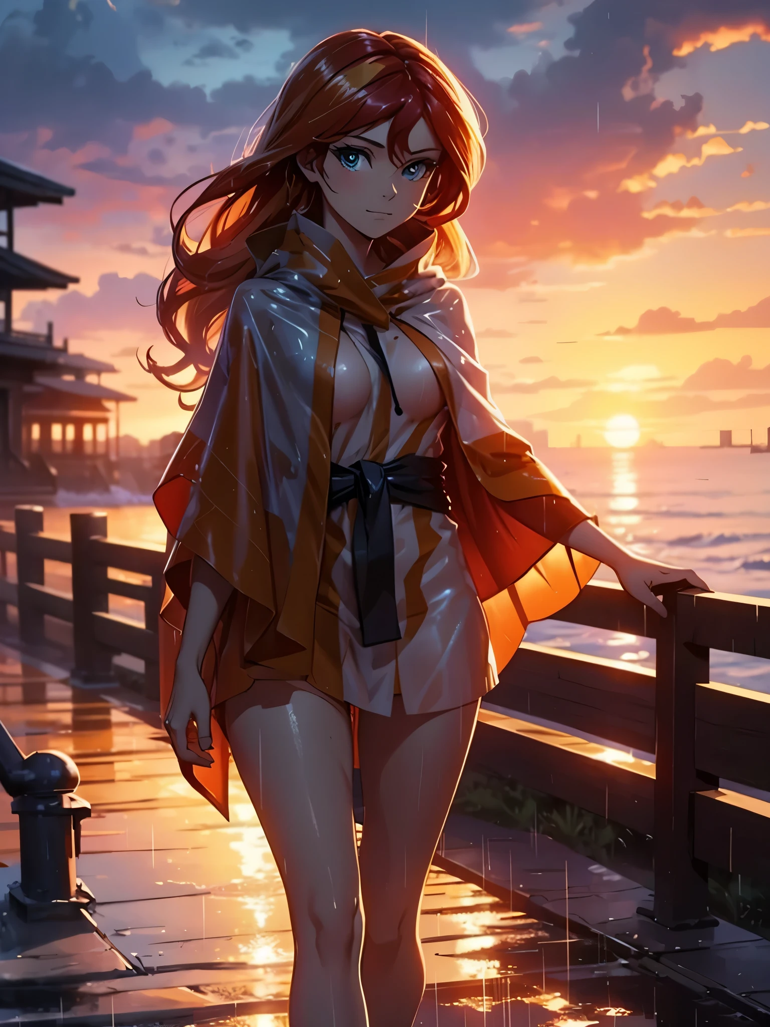 sunset shimmer walking in the rain, naked, only wearing a poncho, wet