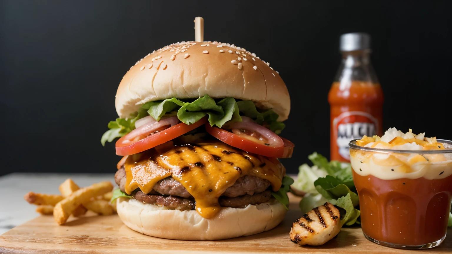 Generative AI image of yummy burger with grilled meat topped with vegetables tomatoes ketchup sliced onions cheese fresh lettuce and soft buns placed on board with fries 
