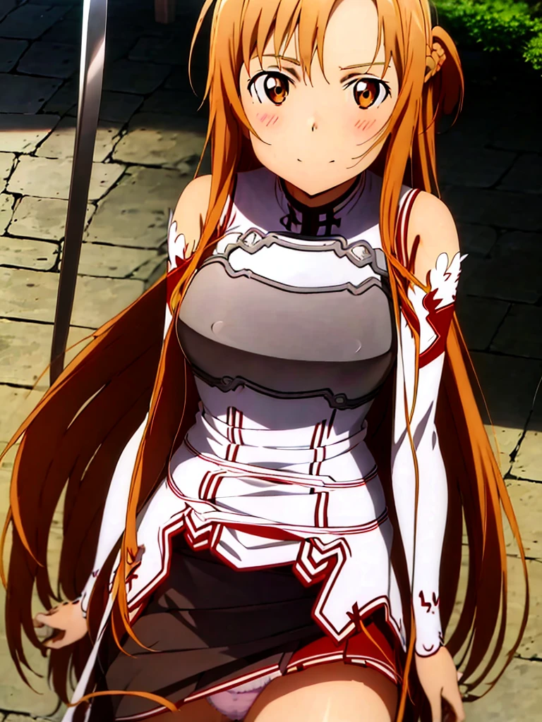Asuna Yuki(Sword Art Online), Dynamic Angle, Long bronze hair,Braiding,Brown eyes,Fine grain,Big bust line,roll forward,Armature,breastplate,Long sleeve white shirt,Removable sleeves,Red and white skirt,Pleated skirt,real,Her slim legs are really cute.,Very beautiful long legs.,White knee-highs,garter,Perfect body,real,Are standing,Lean forward slightly,Asuna Yuki(Sword Art Online),Spread your legs, (((Skirt flip, I can see your panties))), (((Skirt flip, I can see your panties))), (((Skirt flip, I can see your panties))), (((Skirt flip, I can see your panties))),