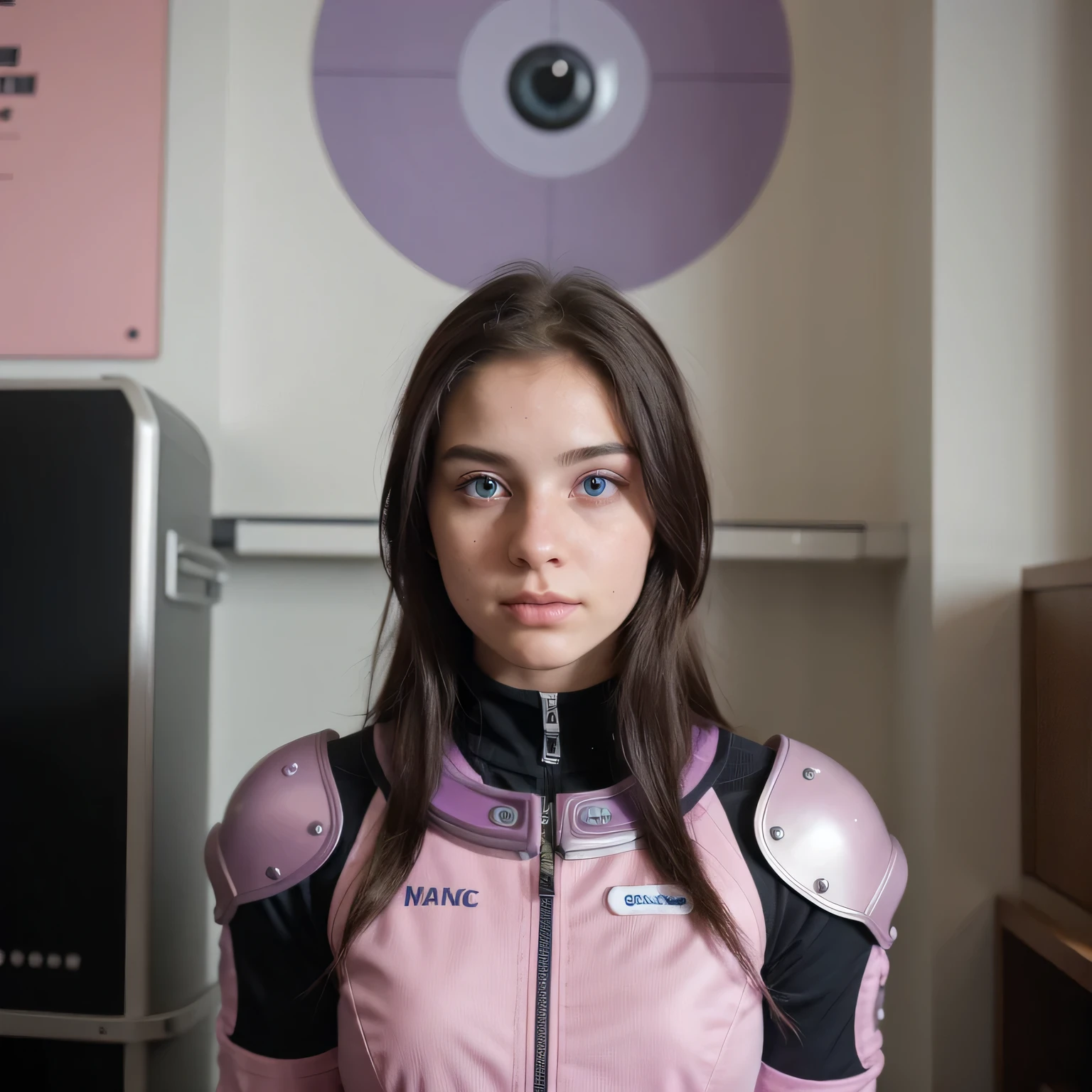 photo of a college student, Purple-Pink Gradient, futuristic space suit, (freckles:0.8) cute face, sci-fi, dystopian, detailed eyes, Heterochromia eyes((Side view))Back Room