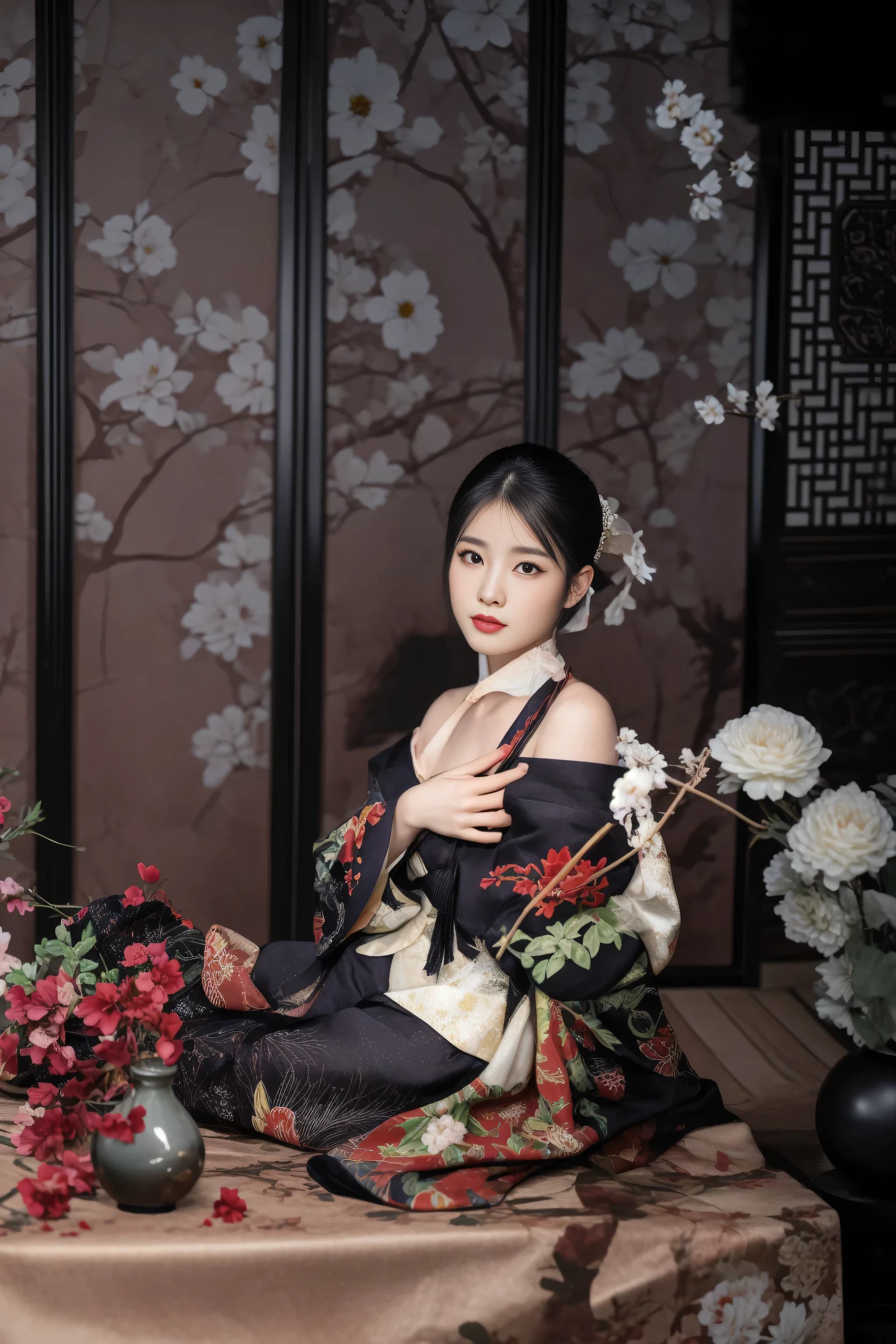 there is a woman sitting on a table with a flower arrangement, palace ， a girl in hanfu, elegant japanese woman, hanfu, geisha photo portrait, japanese goddess, in kimono, with acient chinese clothes, japanese model, chinese girl, glamorous and sexy geisha, inspired by Chen Yifei, inspired by Otake Chikuha, japanese kimono