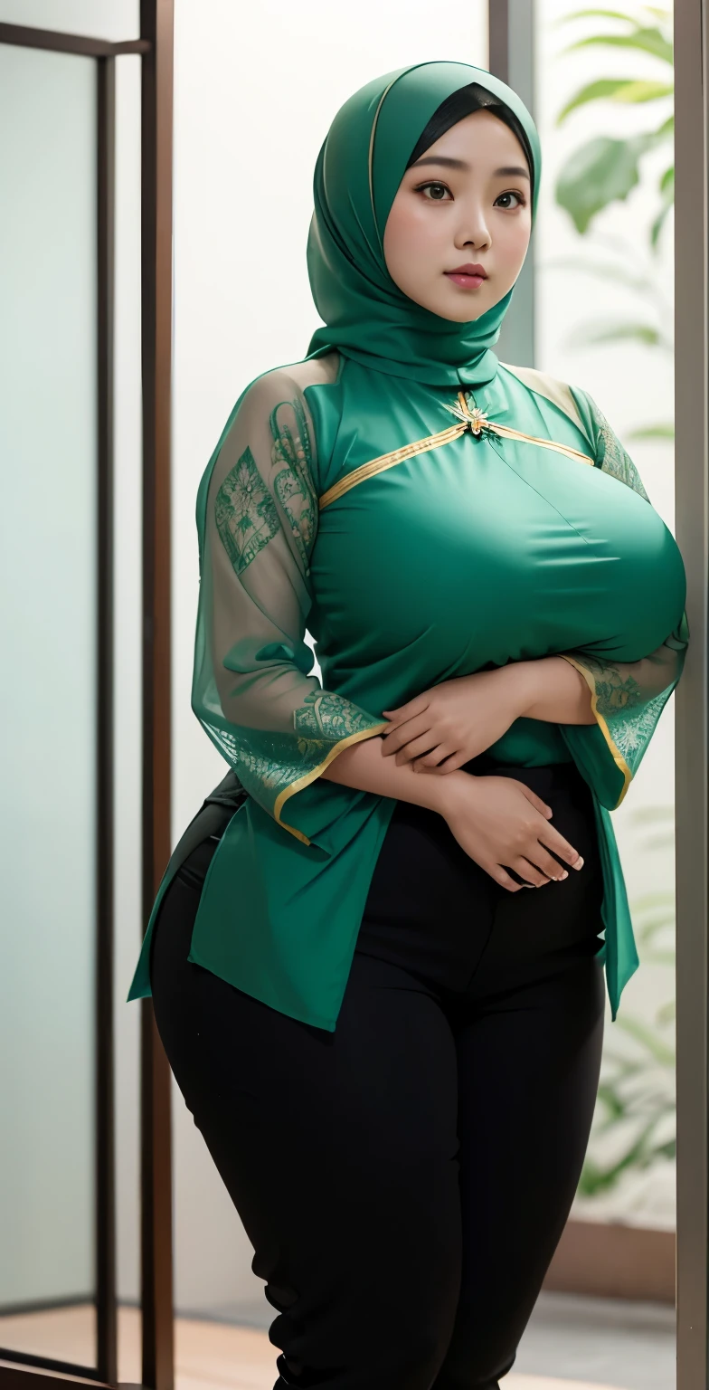 1 chinese-Indonesian girl, modern plain hijab, shy, medium portrait, watery eyes, wearing pastel green kebaya, ((big breasts)), black bokeh background, well-proportioned body,, chubby massive thighs, full body pose, Hena art on the body, hena art the face, full body view , wearing white sneakers 