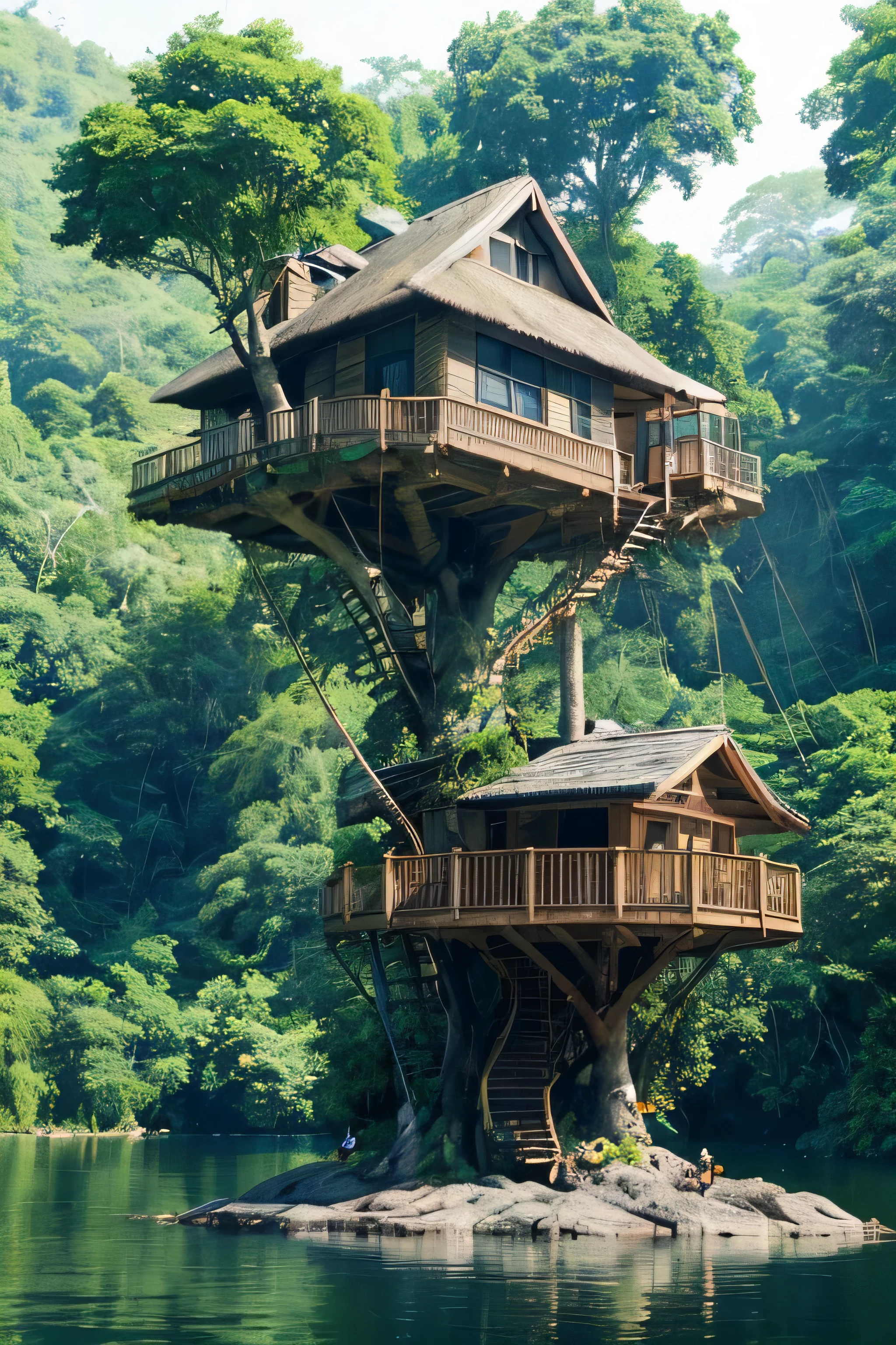 Perfection The Coolest Tree house on a large rock in the middle of the lake in the jungle in the morning 🌅, waterfall, bird flying, airroplan flying flowers in front of the house and trees on both sides of the house