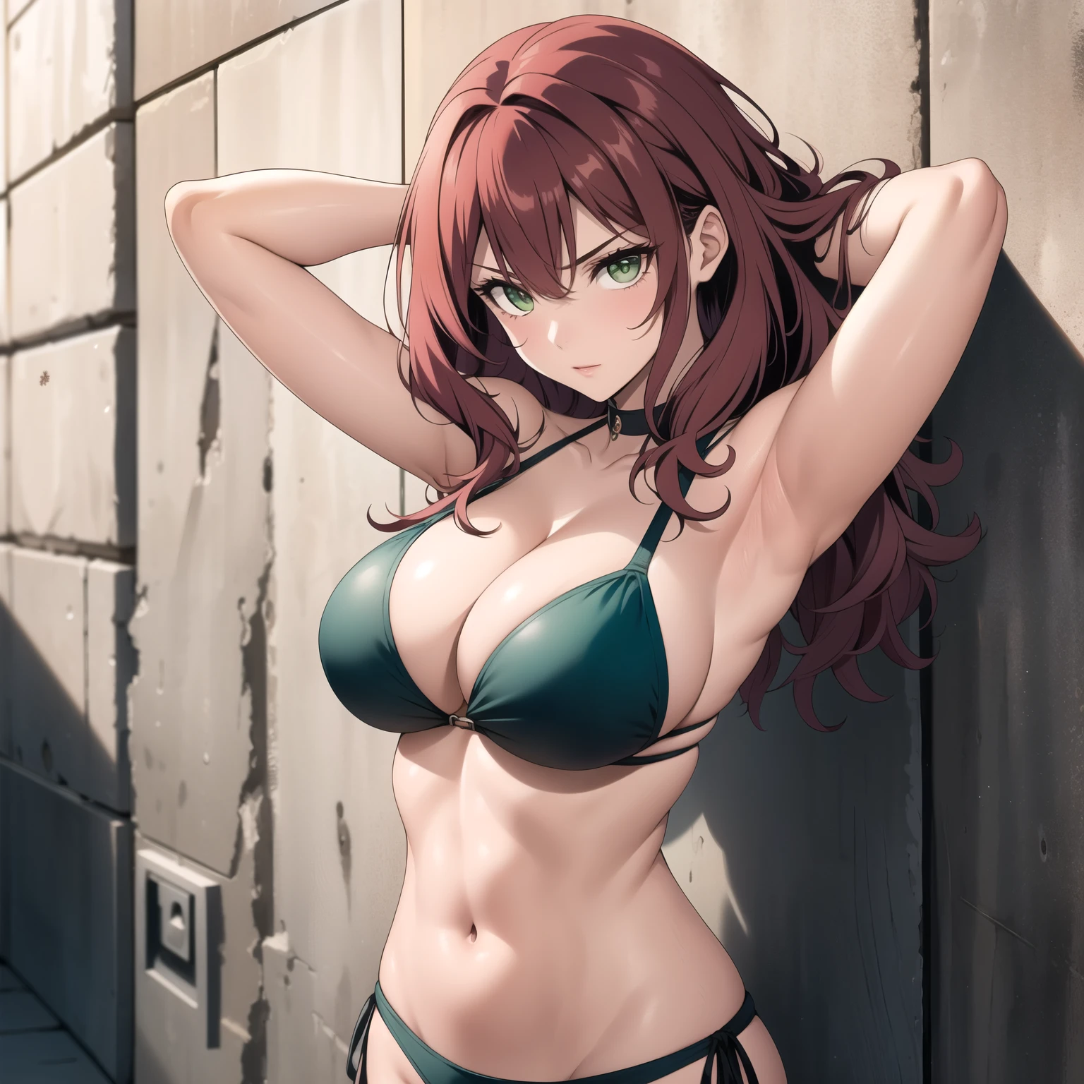 A 30-year-old woman, cabello rojo ondulado, piel clara, ojos verdes como esmeraldas, pechos grandes, bikini verde, He is facing the viewer with his hands behind his head., fondo una pared, bikini verde, pechos grandes.